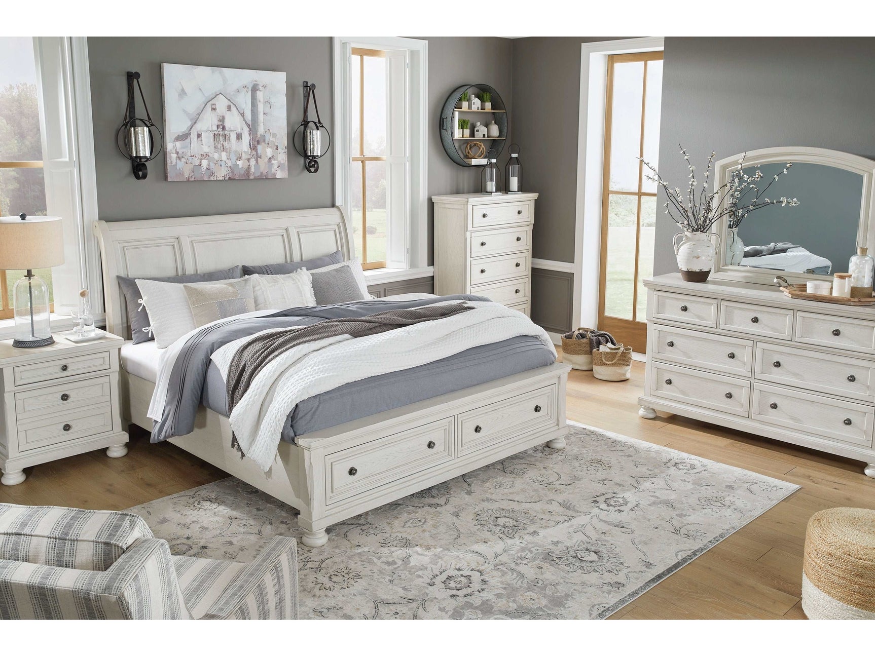 Robbinsdale Antique White King Sleigh Storage Bedroom Sets (Online Special Price) - Ornate Home