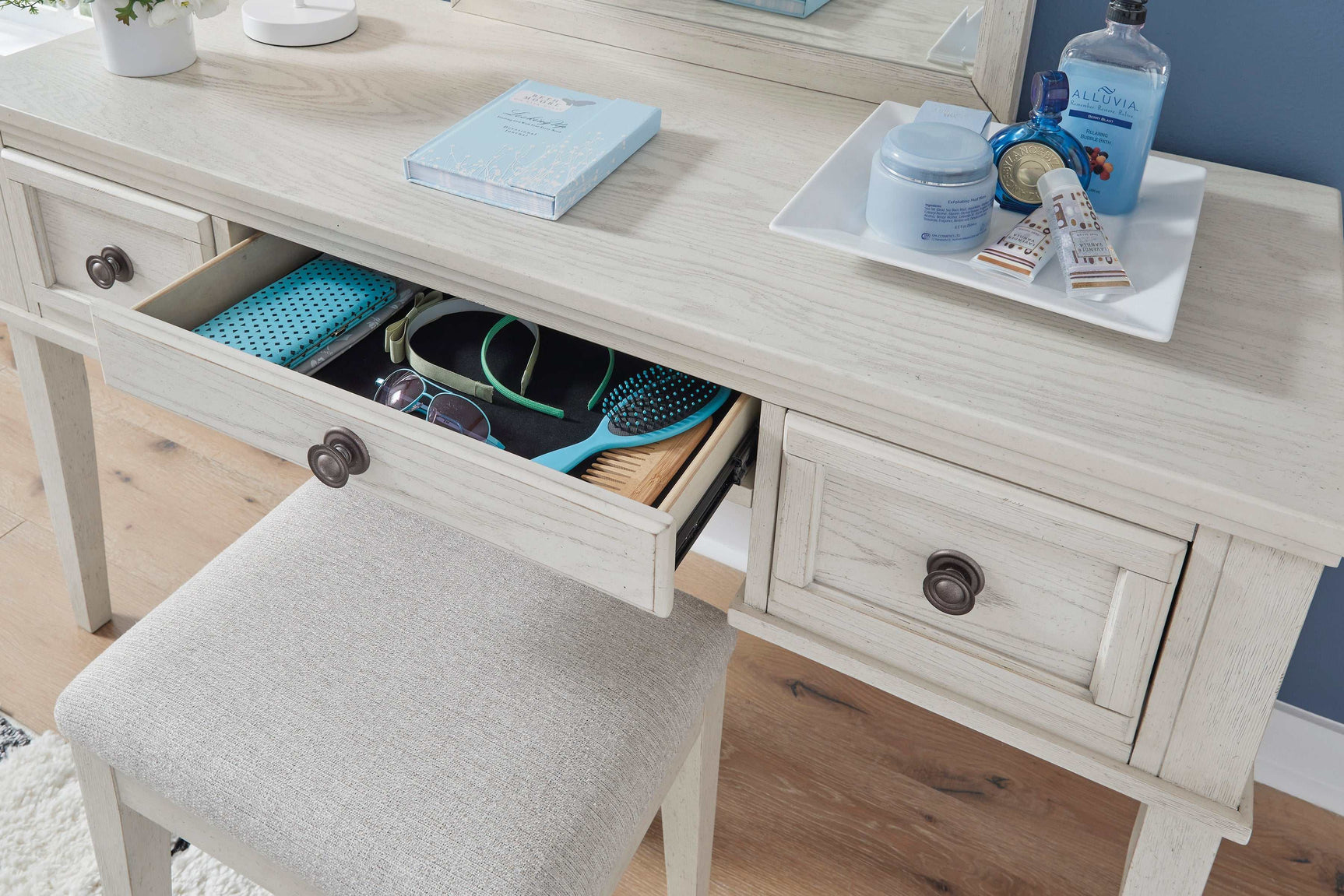 Robbinsdale Antique White Mirrored Vanity Desk w/ Stool - Ornate Home