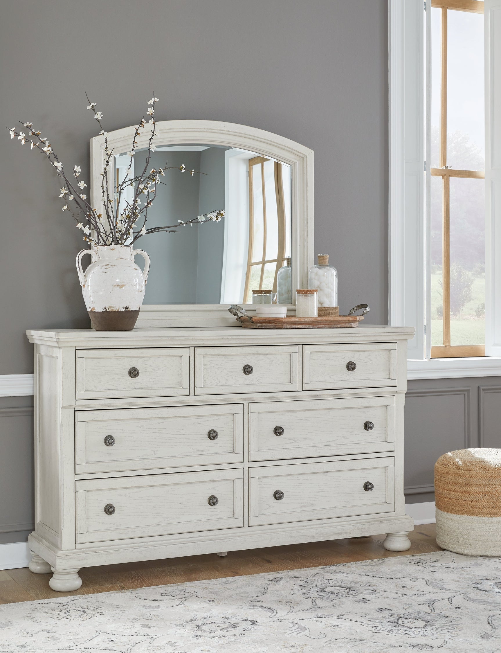 Robbinsdale Antique White Queen Panel Bedroom Set with Dresser, Mirror and Nightstand (Online Special Price) - Ornate Home