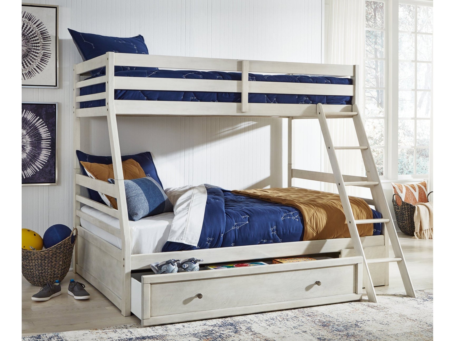 Robbinsdale Antique White Twin over Full Bunk Bed with Storage and Mattresses (Online Special Price) - Ornate Home