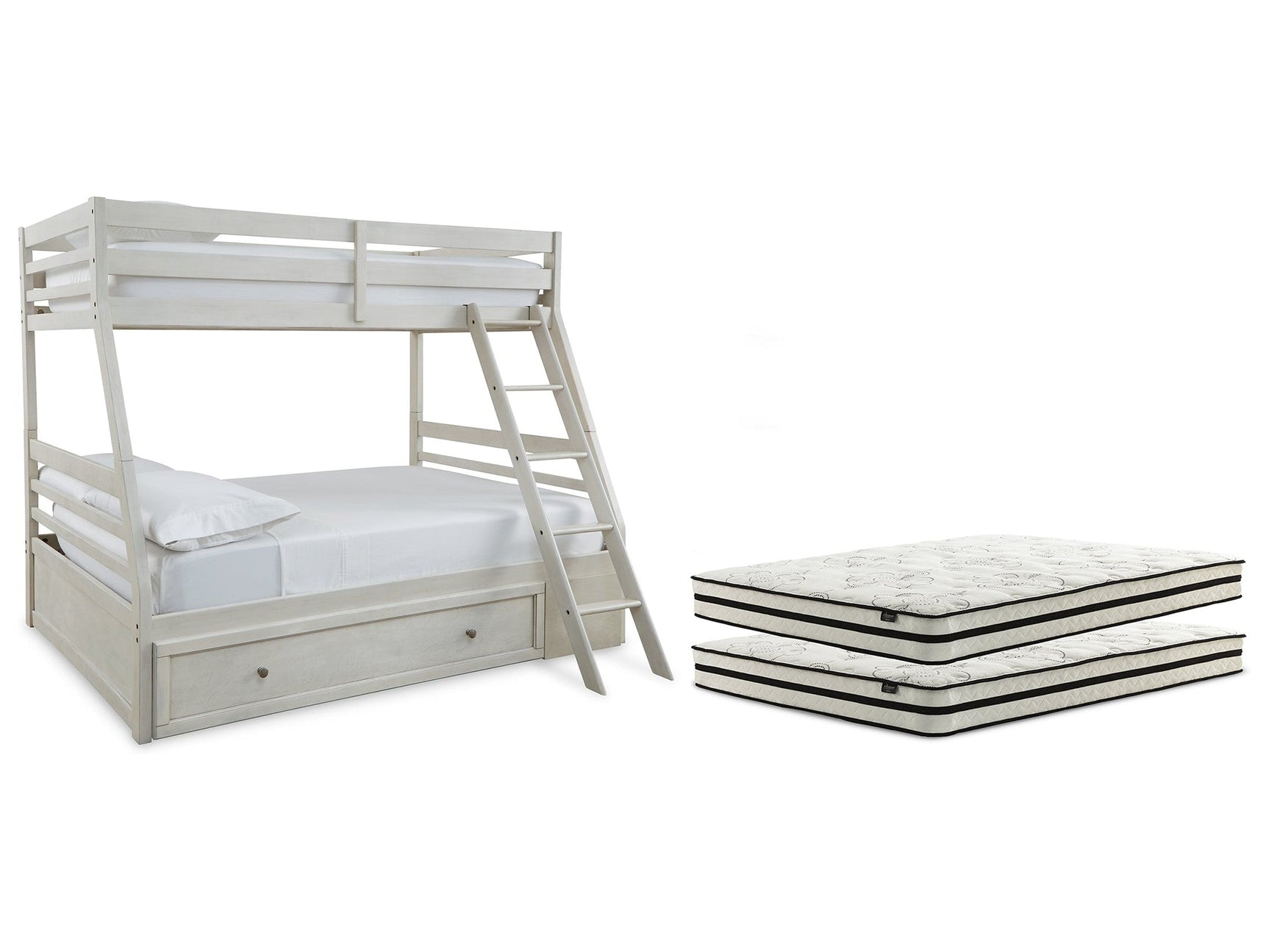 Robbinsdale Antique White Twin over Full Bunk Bed with Storage and Mattresses (Online Special Price) - Ornate Home