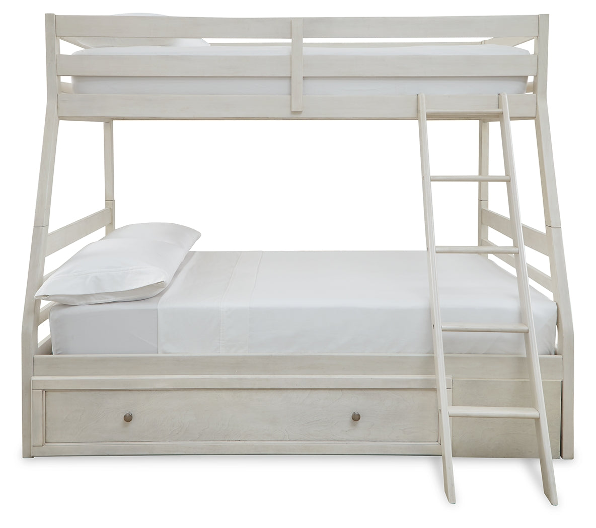 Robbinsdale Antique White Twin over Full Bunk Bed with Storage and Mattresses (Online Special Price) - Ornate Home