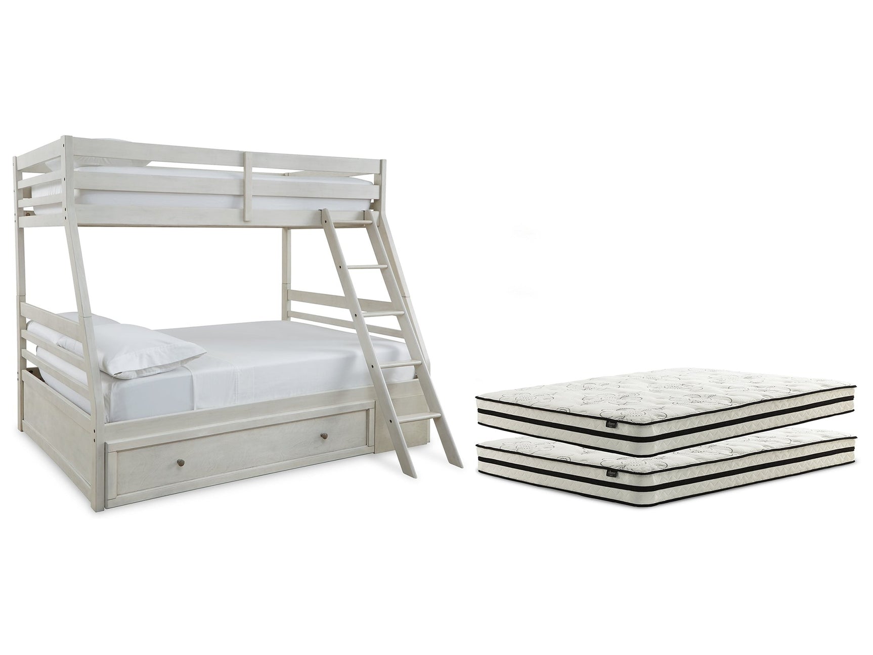 Robbinsdale Antique White Twin over Full Bunk Bed with Storage and Mattresses - Ornate Home