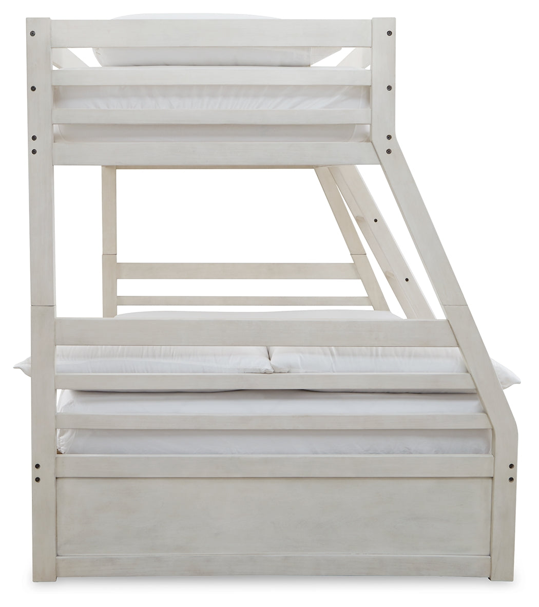Robbinsdale Antique White Twin over Full Bunk Bed with Storage and Mattresses - Ornate Home