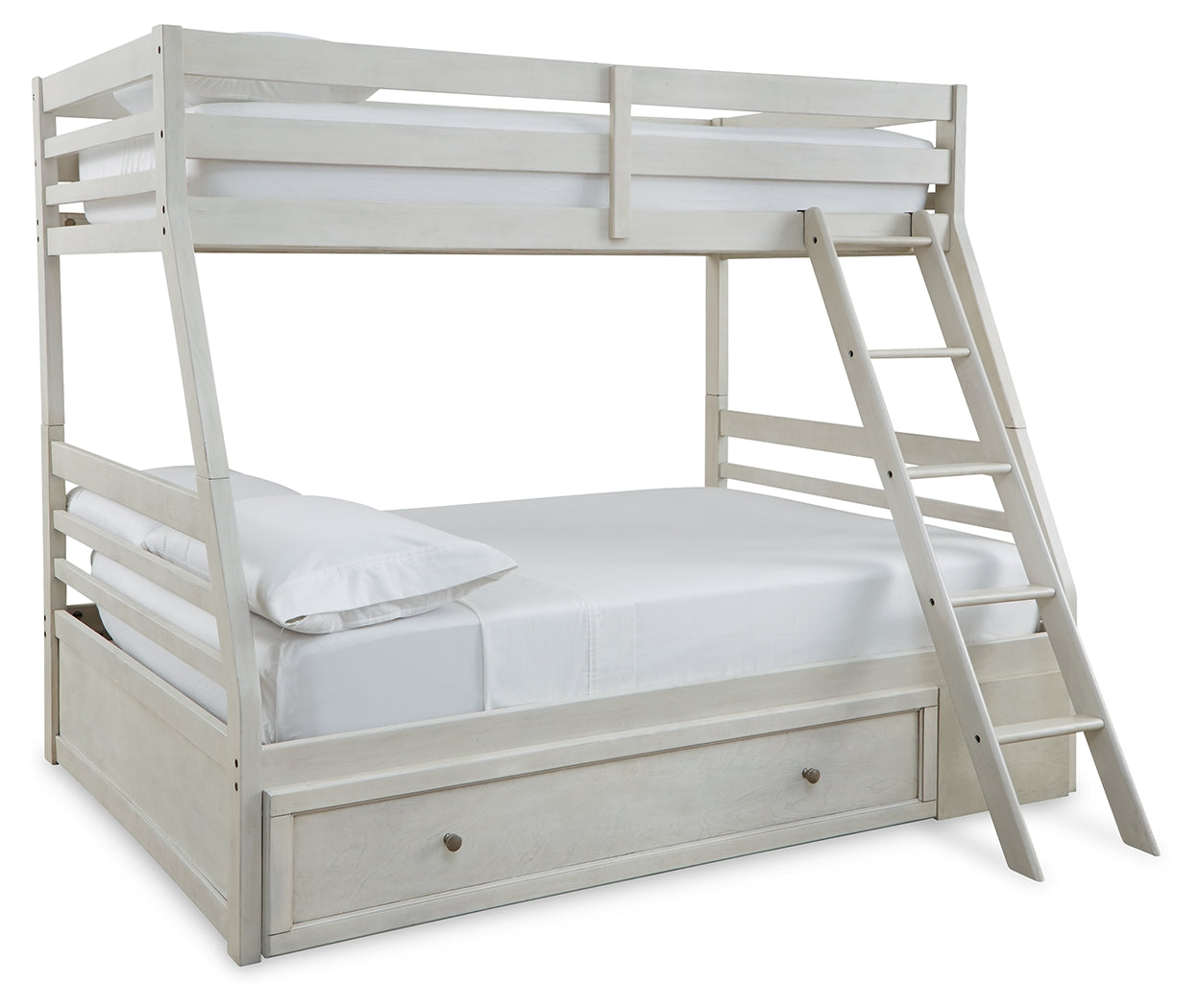 Robbinsdale Antique White Twin over Full Bunk Bed with Storage and Mattresses - Ornate Home