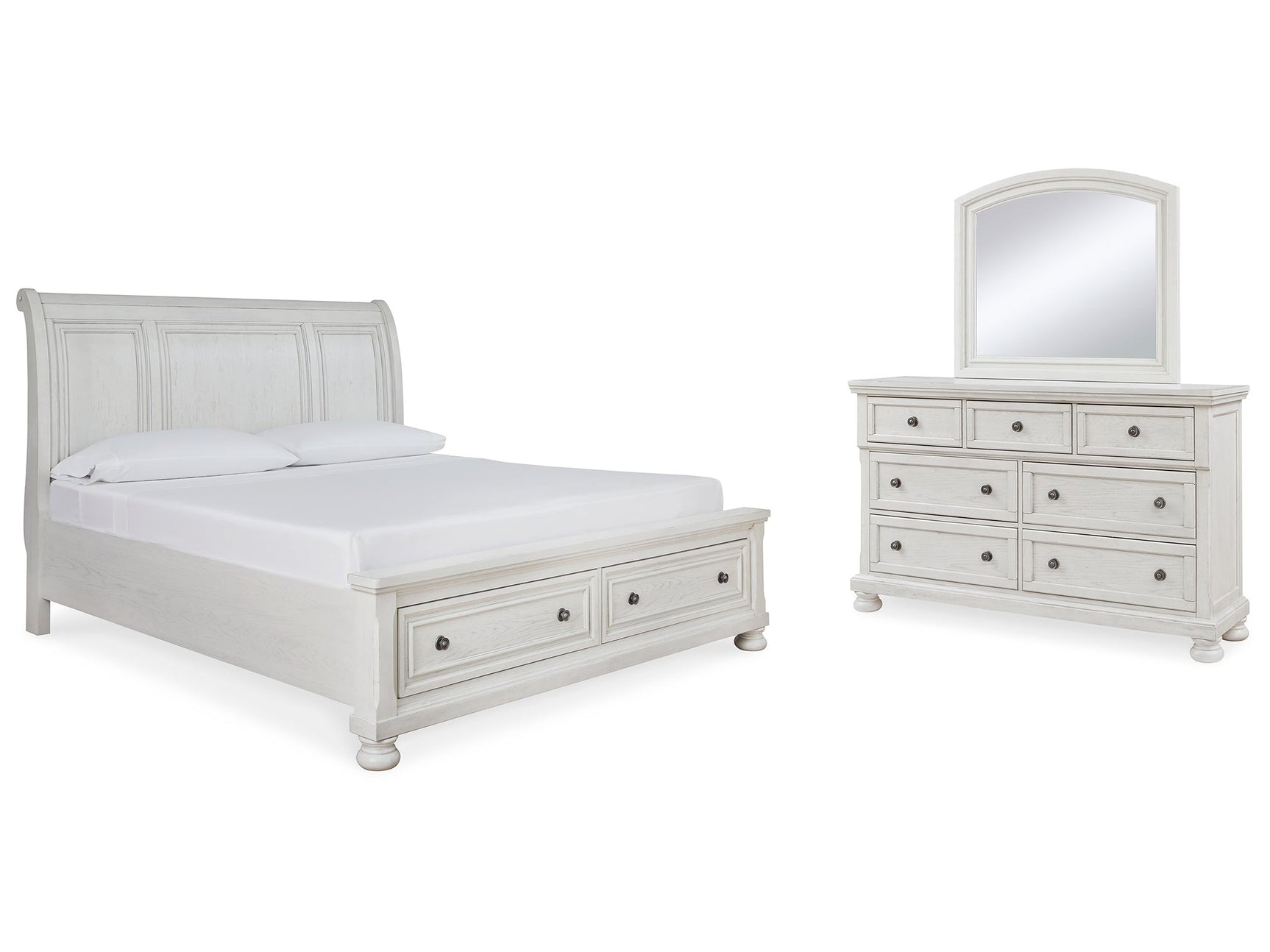 Robbinsdale White Queen Sleigh Storage Bedroom Set with Dresser and Mirror - Ornate Home