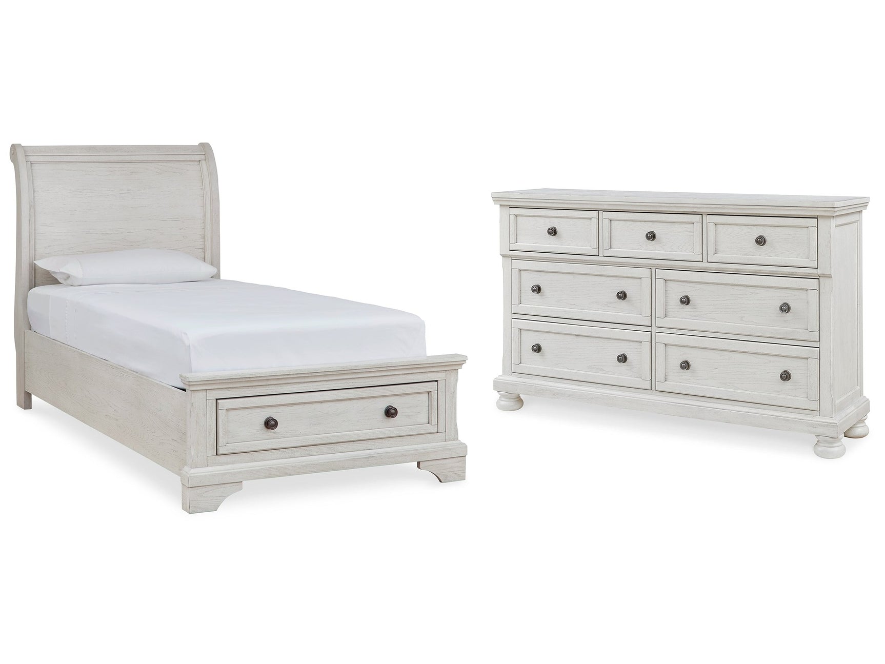 Robbinsdale White Twin Sleigh Storage Bedroom Set with Dresser - Ornate Home