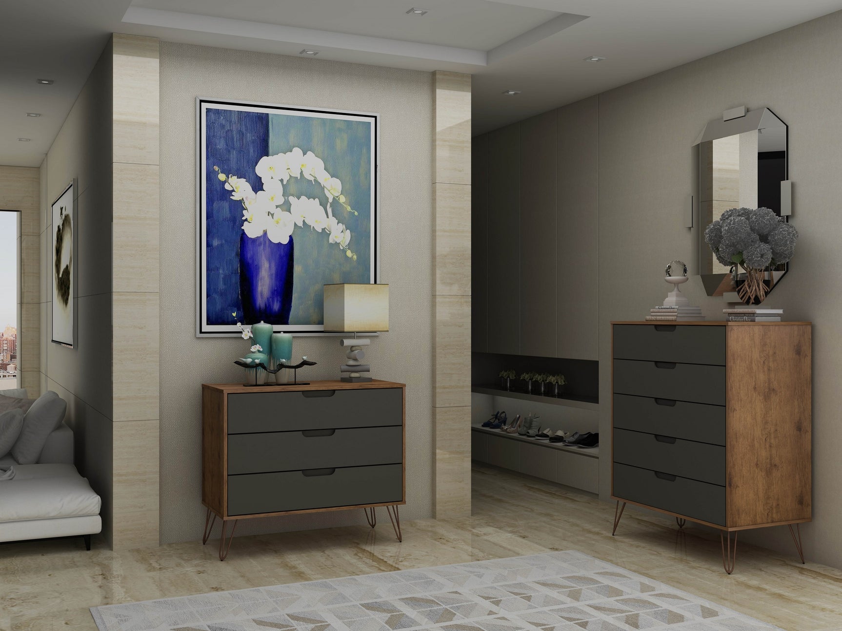 Rockefeller Tall 5-Drawer Dresser and Standard 3-Drawer Dresser in Nature and Textured Grey - Ornate Home