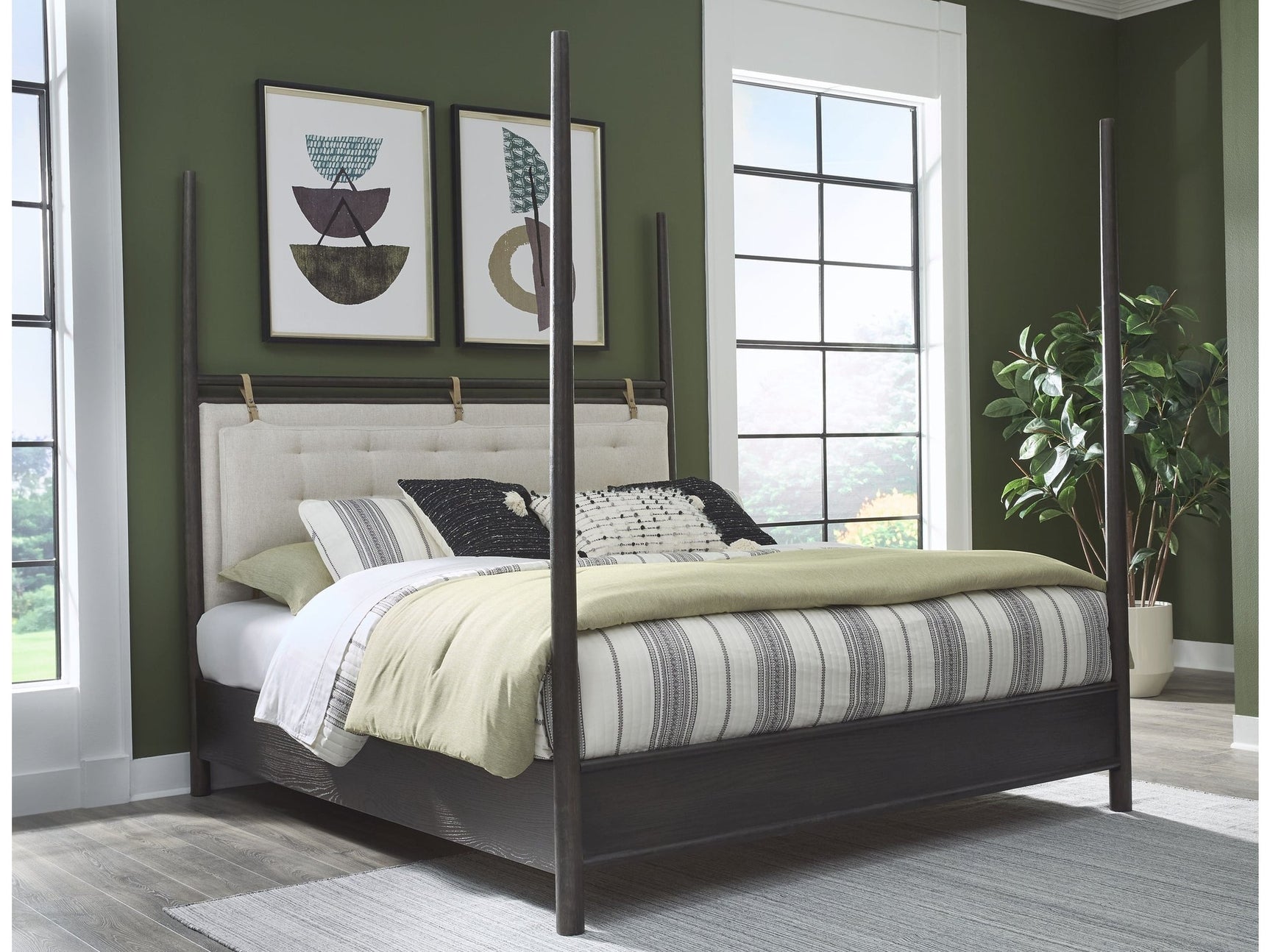 Rockport Full Upholstered Poster Bed in Yin and Turtle Dove Linen - Ornate Home