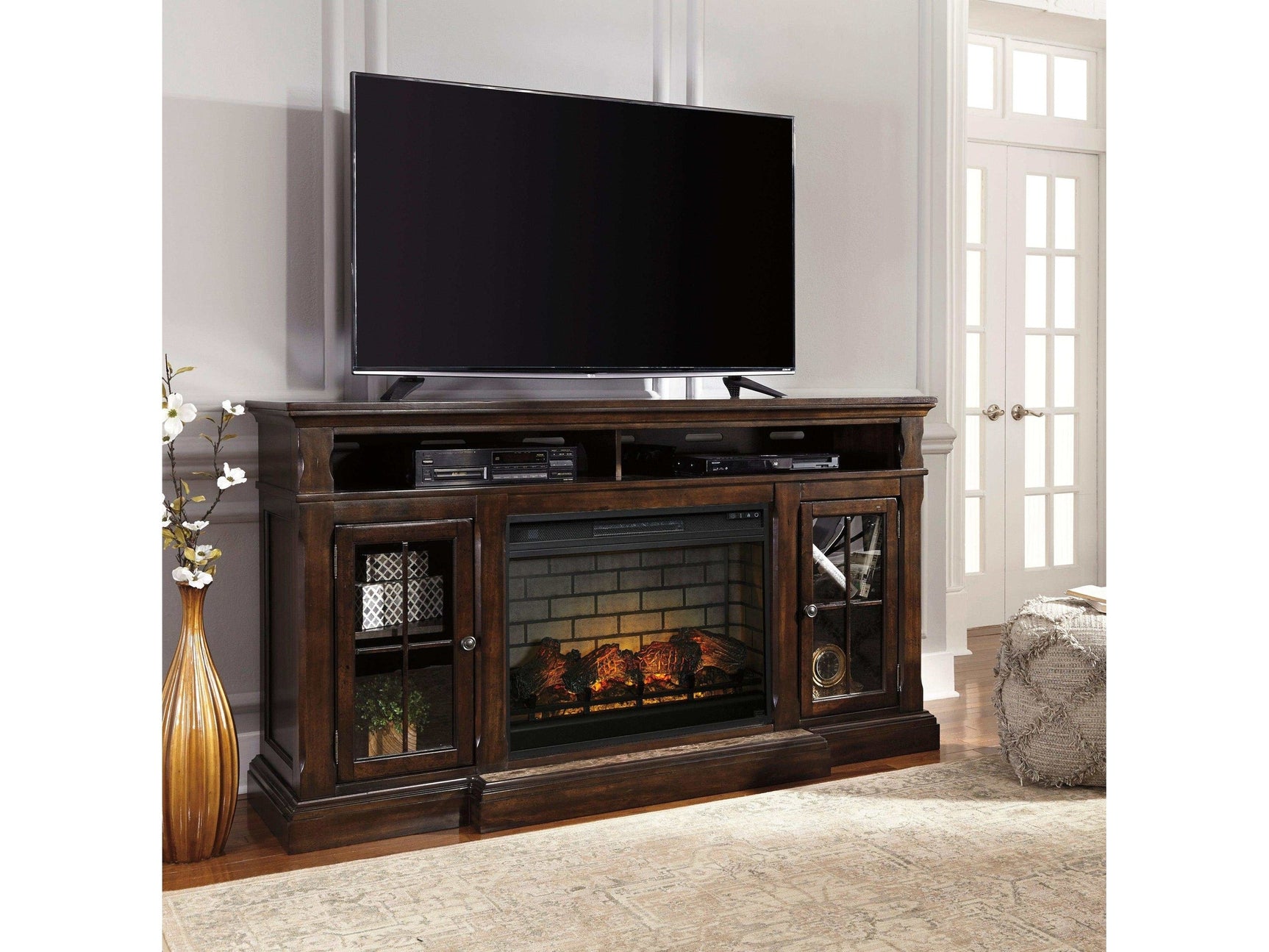 Roddinton Dark Brown 72" TV Stand w/ Electric Fireplace Insert - Ornate Home