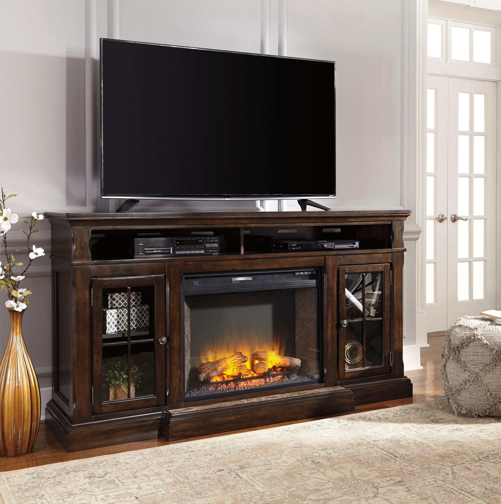 Roddinton Dark Brown 72" TV Stand w/ Electric Fireplace Insert - Ornate Home