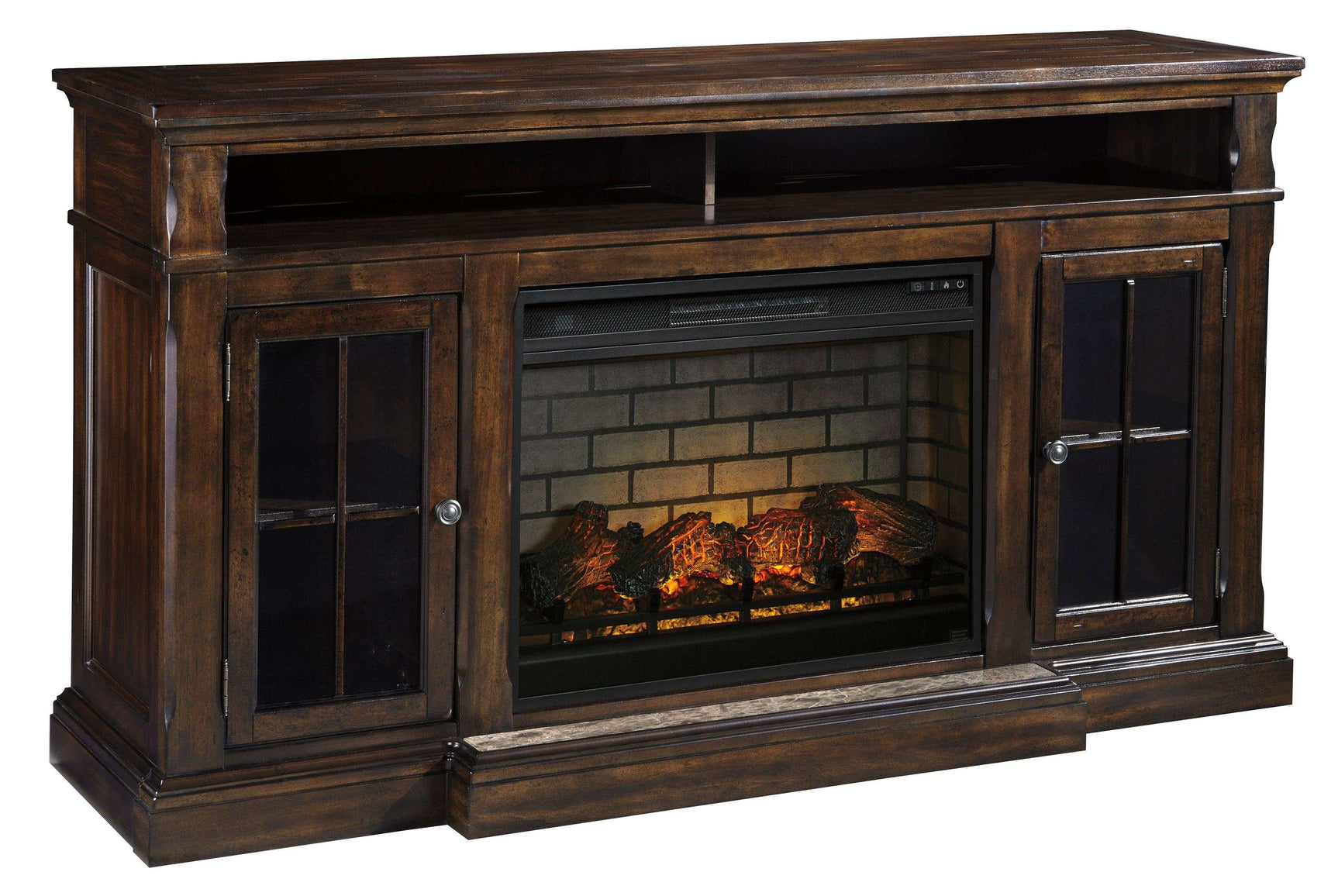 Roddinton Dark Brown 72" TV Stand w/ Electric Fireplace Insert - Ornate Home