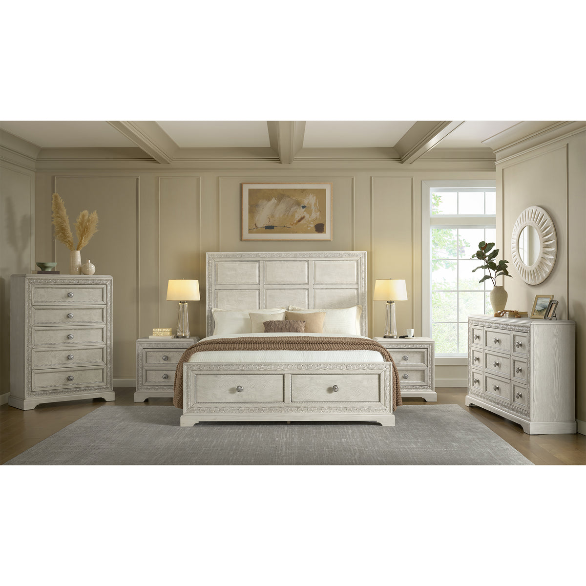 Romilly White 5-Piece King Storage Bedroom Set with 2 Nightstands, Dresser & Chest - Ornate Home