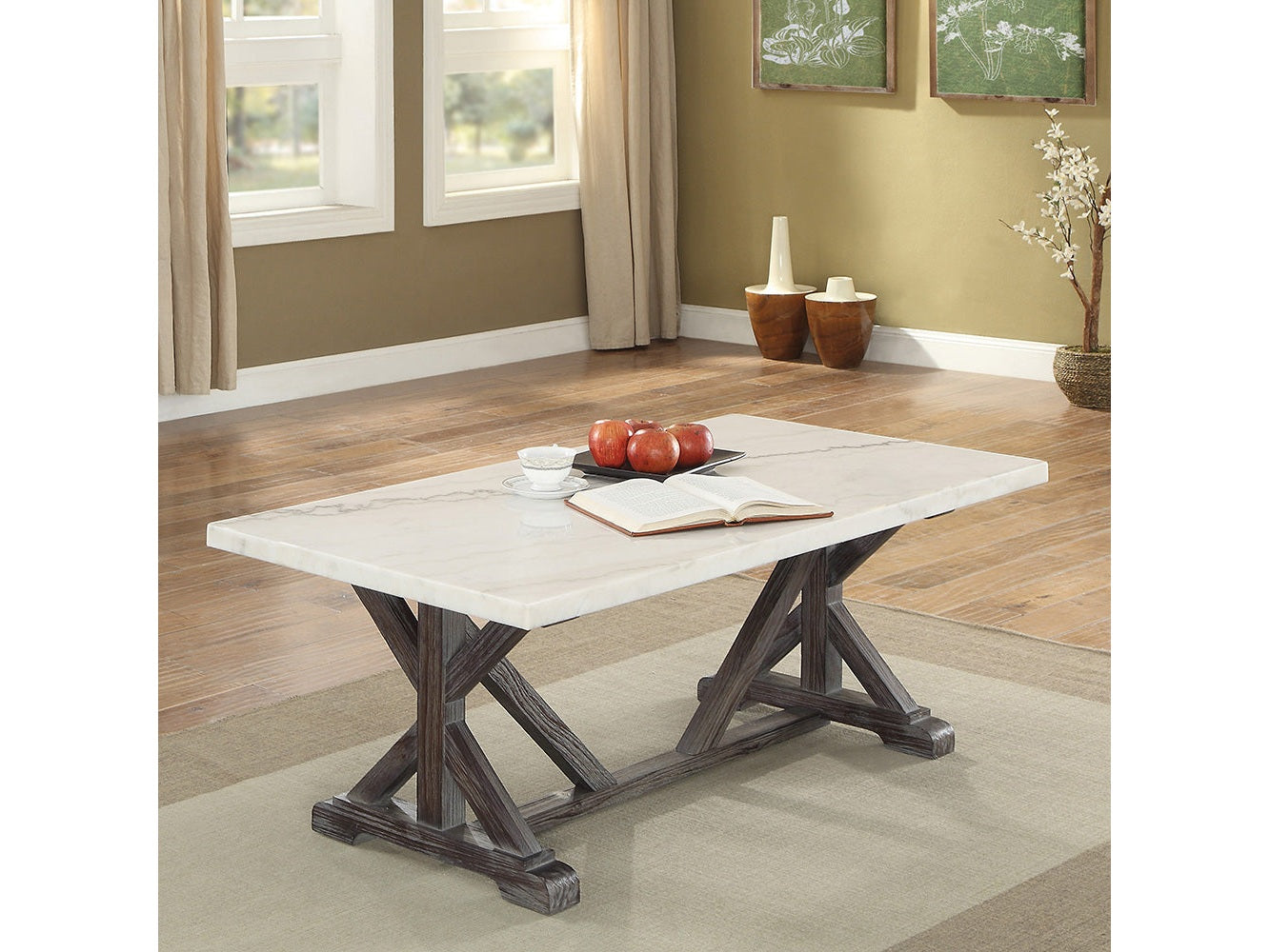 Romina White Marble & Weathered Espresso Coffee Table - Ornate Home