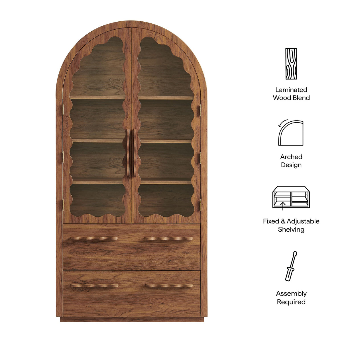 Rory Walnut 76 Inch Arched Kitchen Pantry Display Cabinet - Ornate Home