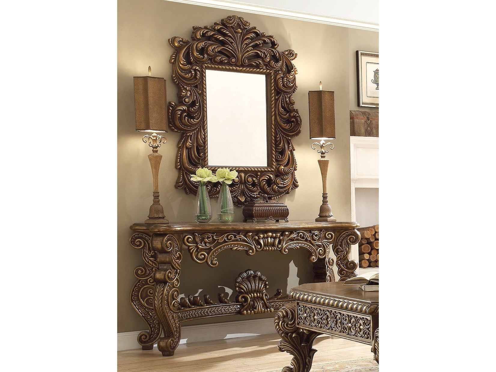 Rosalia Antique Gold & Pefect Brown Console Table / HD-8011 - Ornate Home