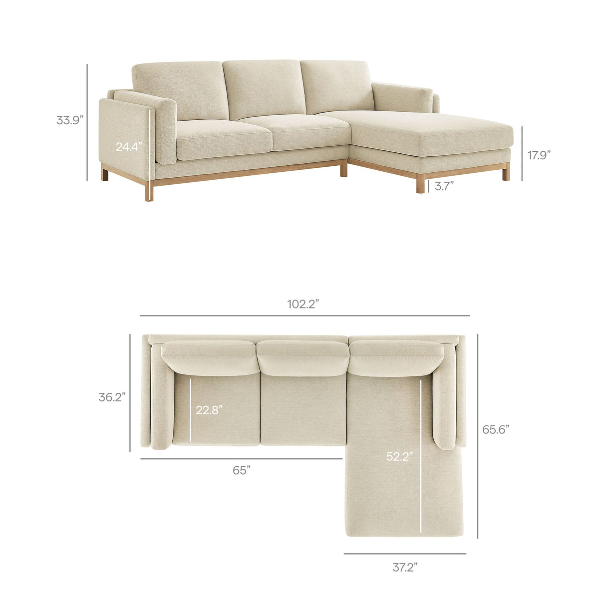 Roscoe Ivory Right-Facing Fabric Sectional Sofa with Chaise - Ornate Home