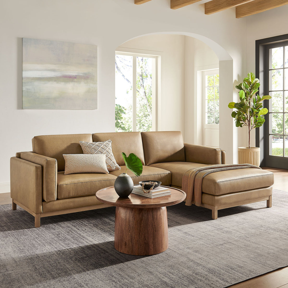 Roscoe Toast Right-Facing Vegan Leather Sectional Sofa with Chaise - Ornate Home
