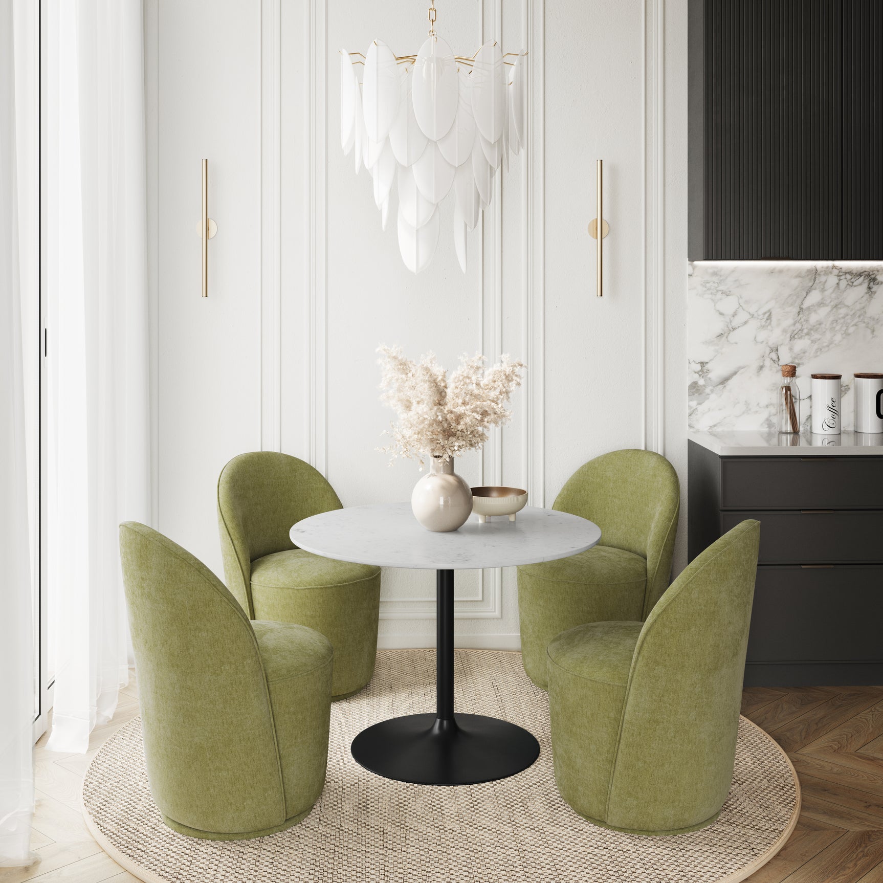Rowan Gun Metal/Green 42 Round Marble Dining Table w/ 4 Landon Chairs - Ornate Home