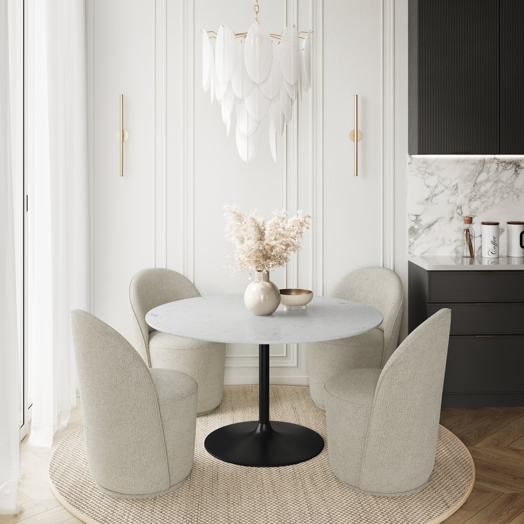 Rowan Gun Metal/Grey 54 Round Marble Dining Table w/ 4 Landon Chairs - Ornate Home