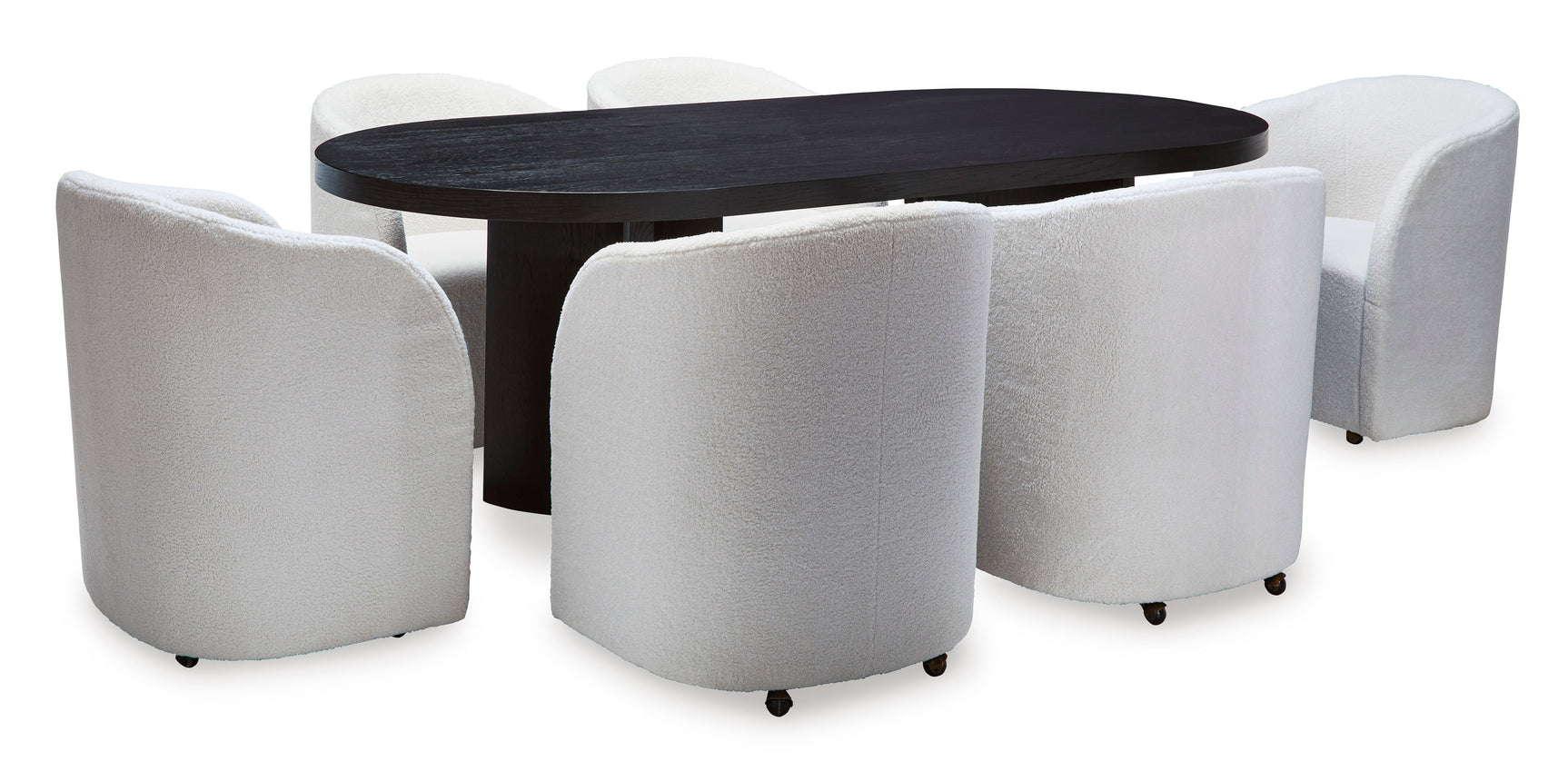 Rowanbeck Black Dining Room Set w/ 6 Fully Upholstered White Armchairs / 7pc (Online Special Price) - Ornate Home