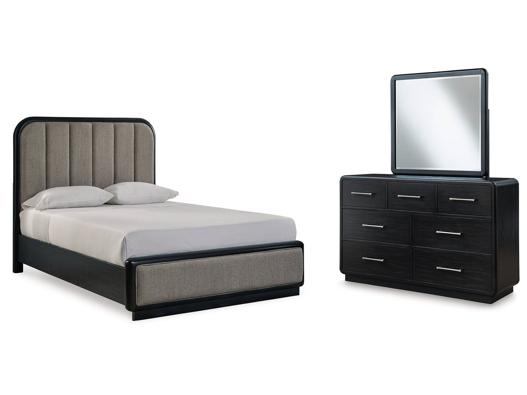 Rowanbeck Black Queen Upholstered Panel Bed & Dresser & Mirror (Online Special Price) - Ornate Home