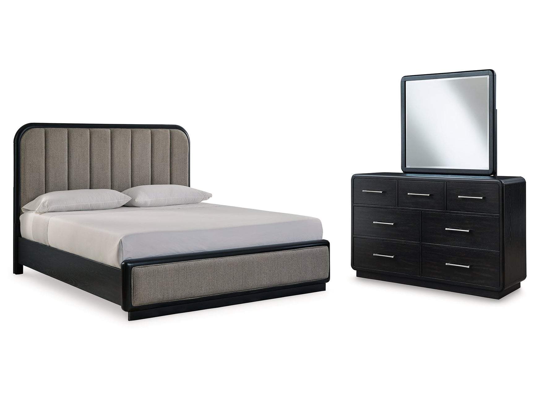 Rowanbeck California King Upholstered Panel Bedroom Set with Dresser and Mirror - Ornate Home