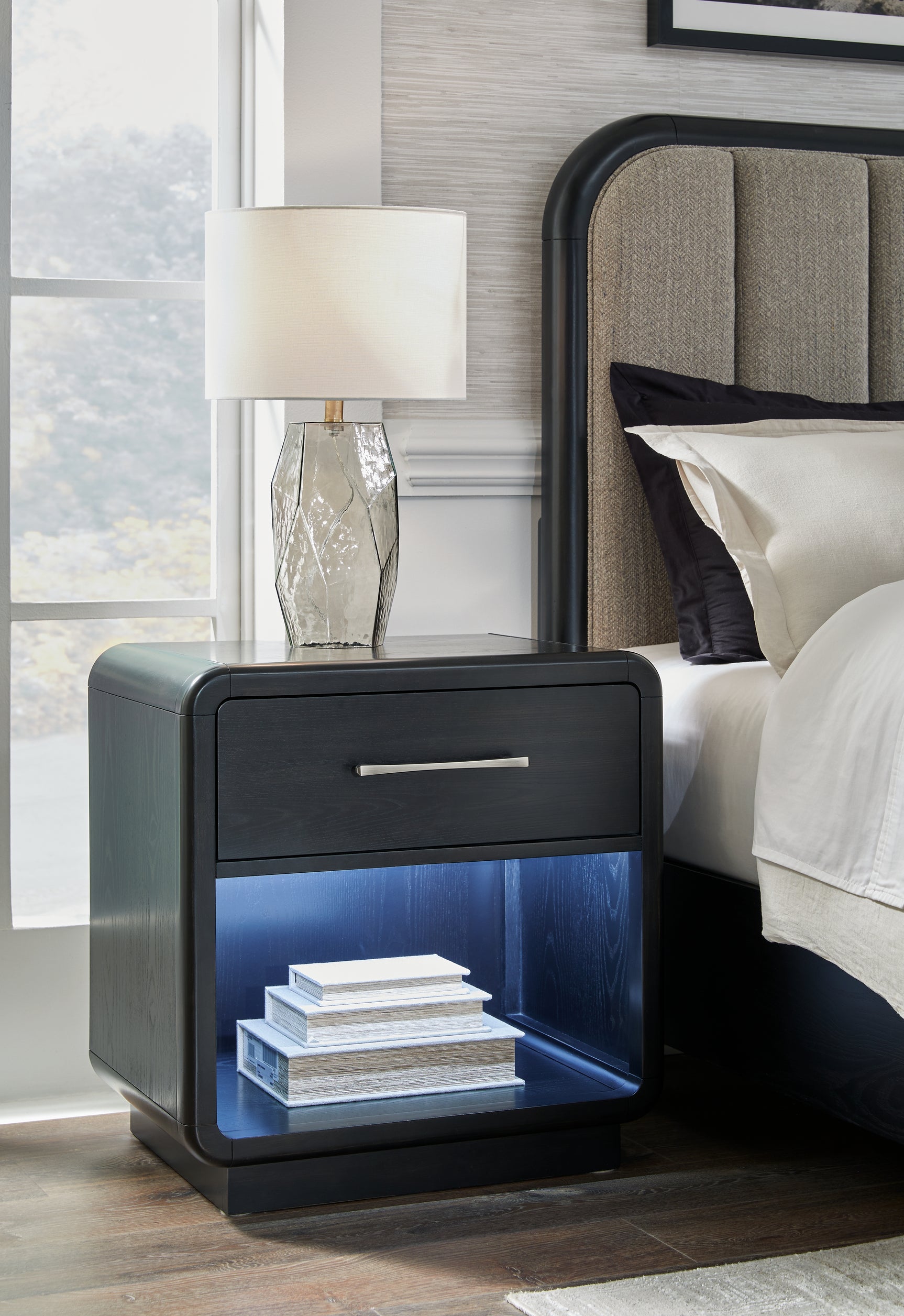 Rowanbeck Gray/Black King Panel Bed, Dresser, Mirror, Chest and Nightstand - Ornate Home