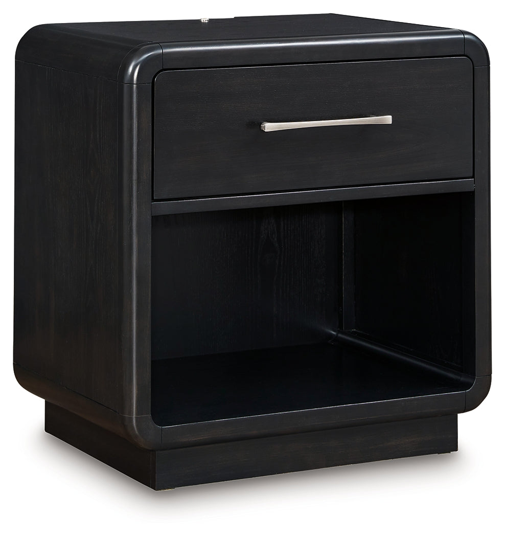 Rowanbeck Gray/Black Queen Upholstered Panel Bed, Dresser, Mirror and Nightstand (Online Special Price) - Ornate Home