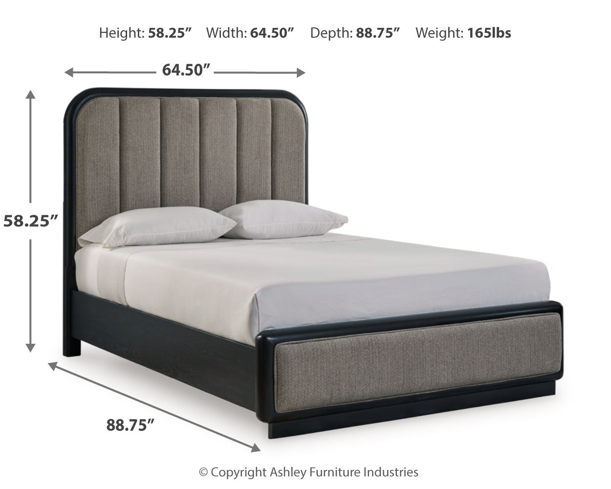 Rowanbeck Gray/Black Queen Upholstered Panel Bed, Dresser, Mirror and Nightstand - Ornate Home