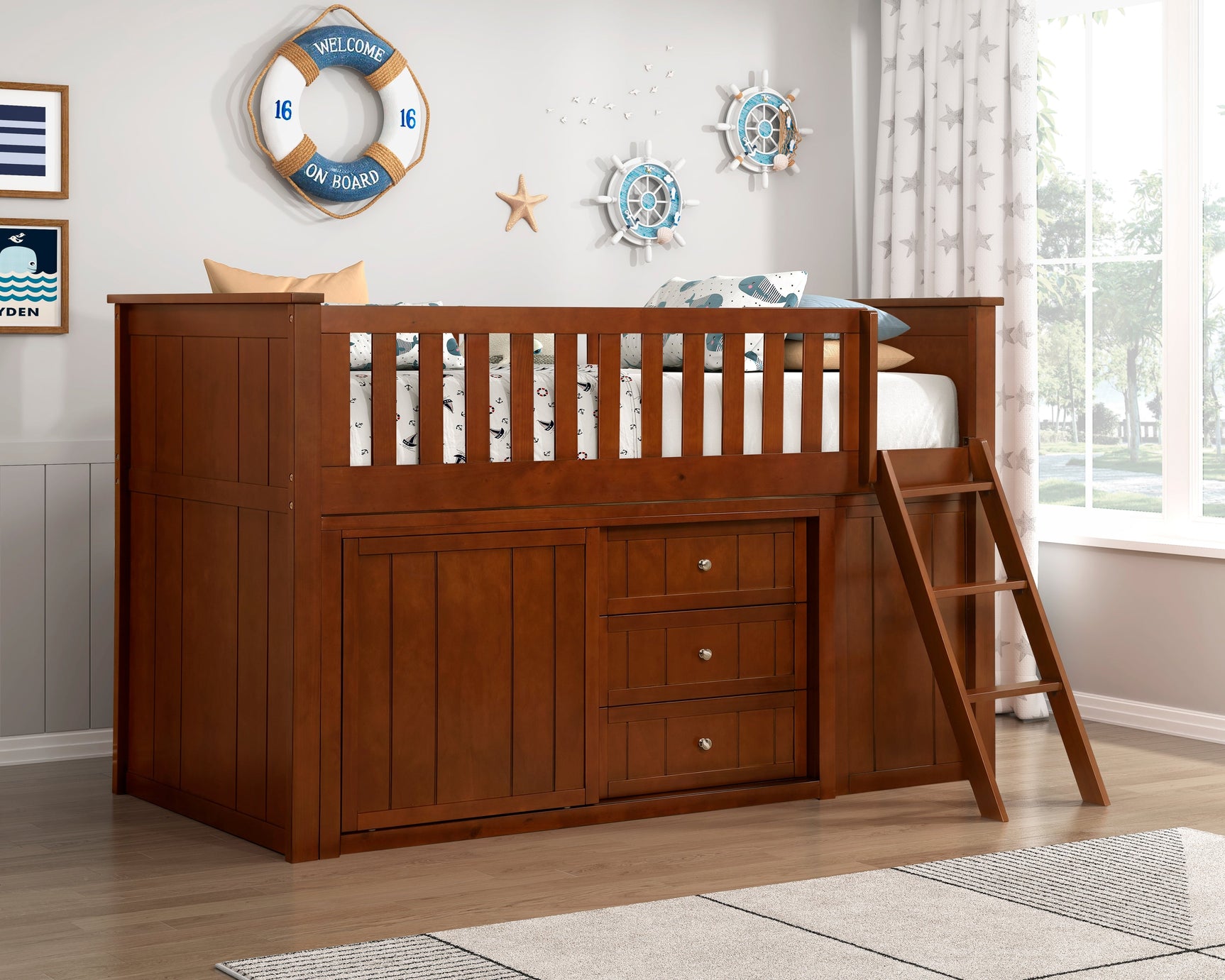 Rowe Dark Cherry Low Loft Bunk with Bookcase & 2 Dressers - Ornate Home