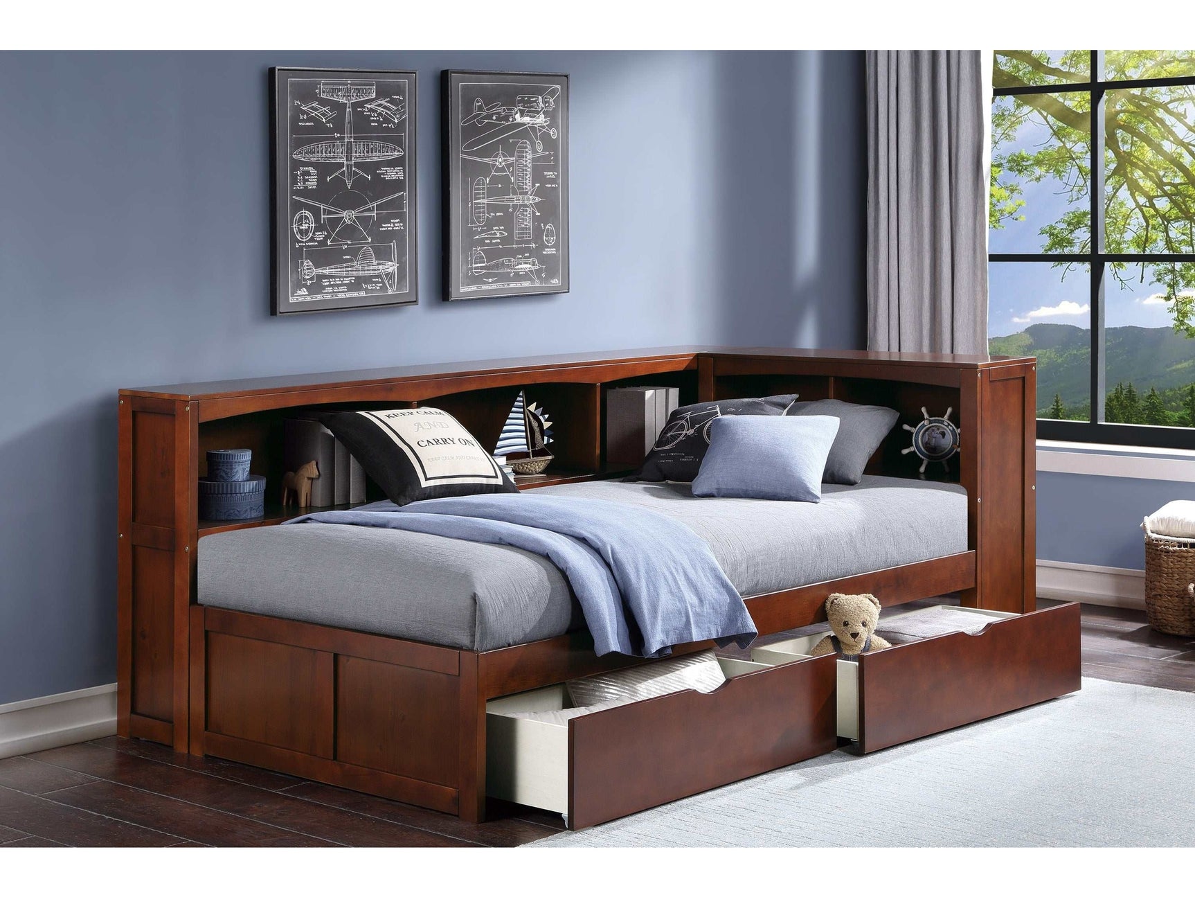 Rowe Dark Cherry Twin Bookcase Corner Bed w/ Storage Boxes - Ornate Home