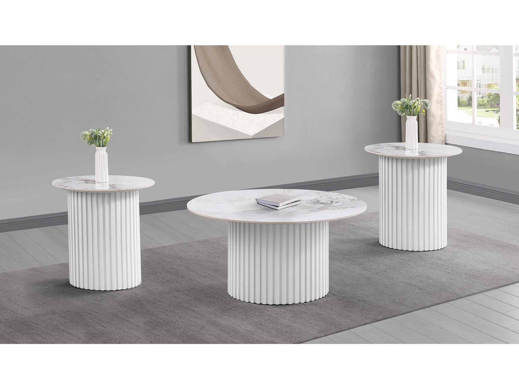 Rowena White Faux Marble 3-piece Coffee and End Table Set - Ornate Home