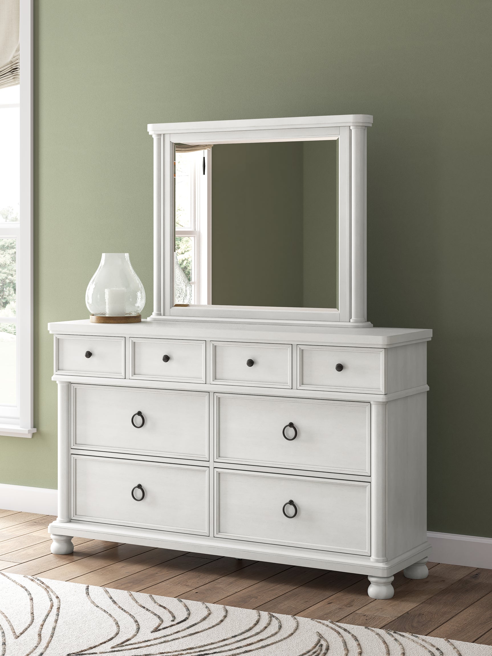 Rowlenstown Antique White Queen Poster Bed, Dresser and Mirror (Online Special Price) - Ornate Home