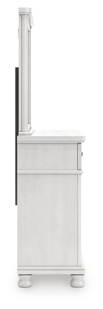 Rowlenstown Antique White Queen Poster Bed, Dresser and Mirror - Ornate Home