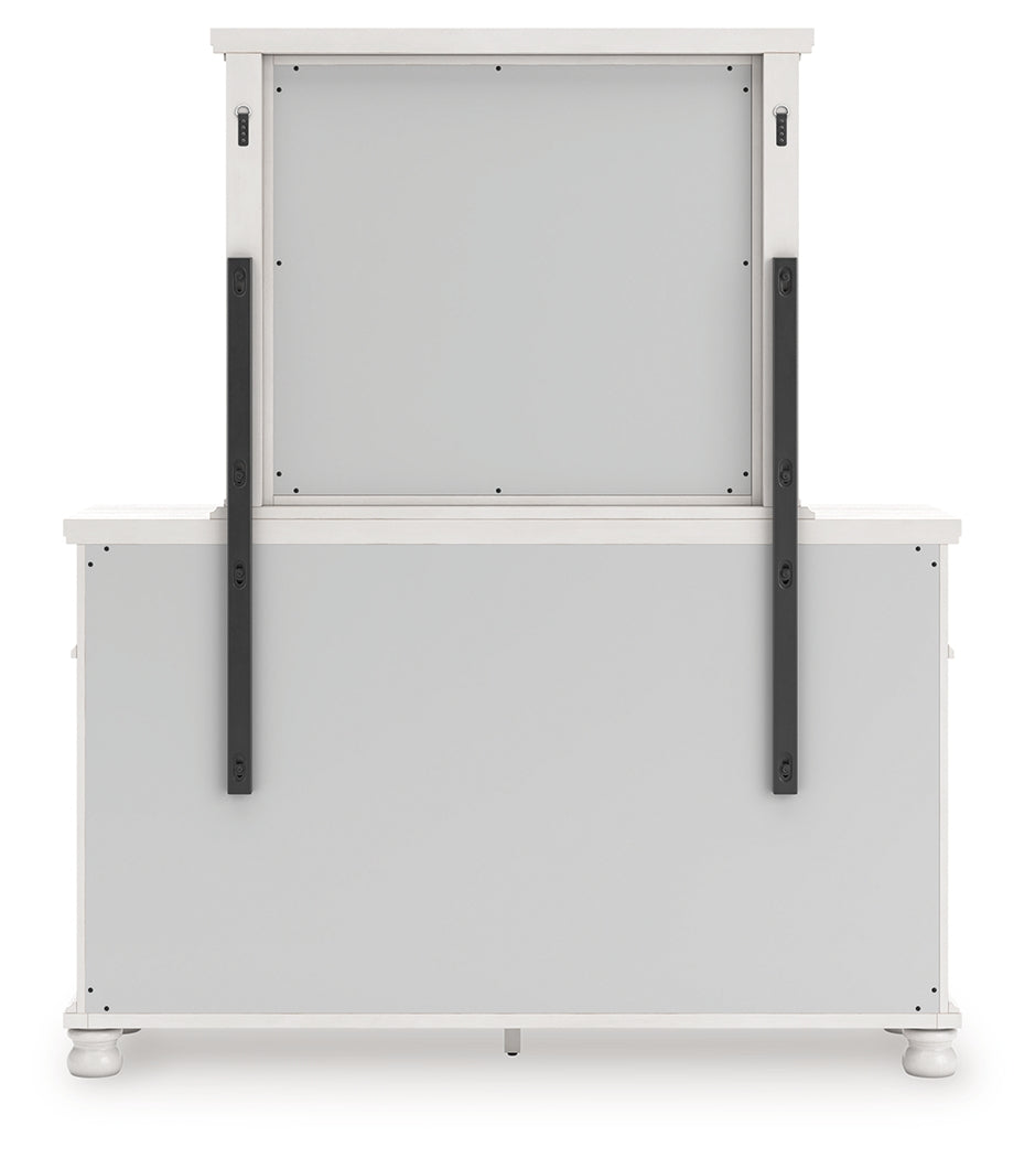 Rowlenstown Antique White Queen Poster Bed, Dresser and Mirror - Ornate Home