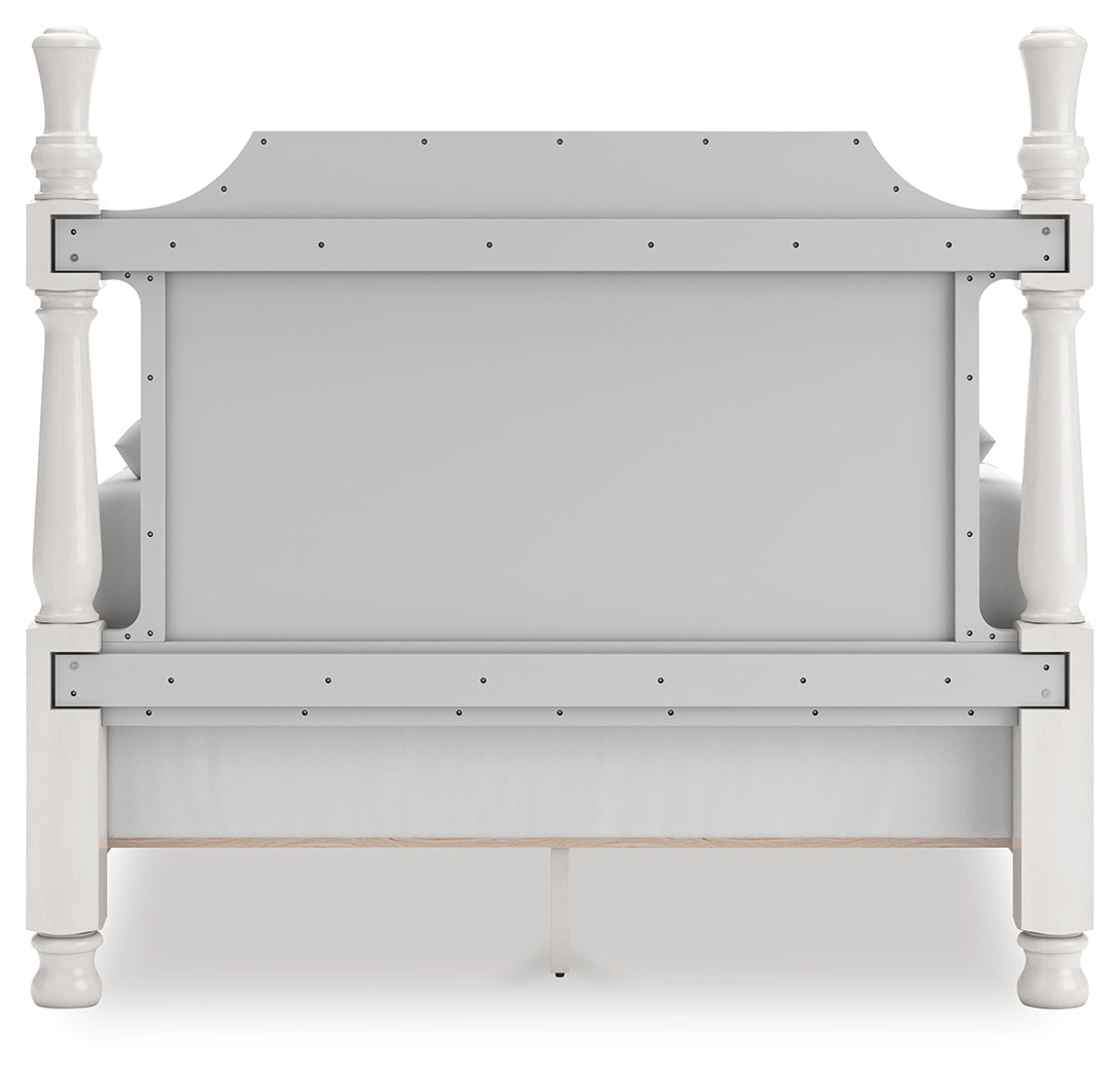 Rowlenstown Antique White Queen Poster Bed, Dresser and Mirror - Ornate Home