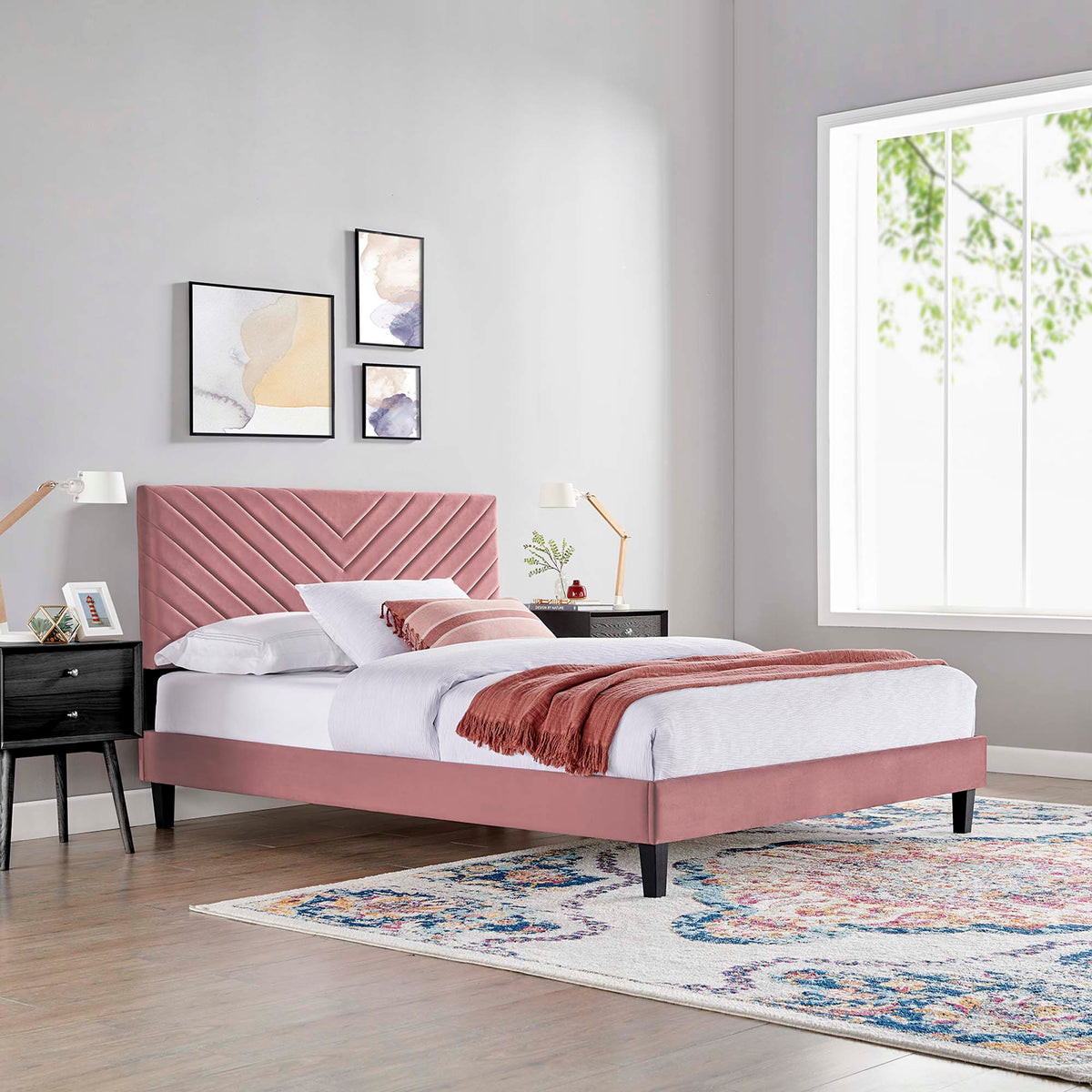 Roxanne Dusty Rose Tapered Wood Leg Performance Velvet Queen Platform Bed - Ornate Home