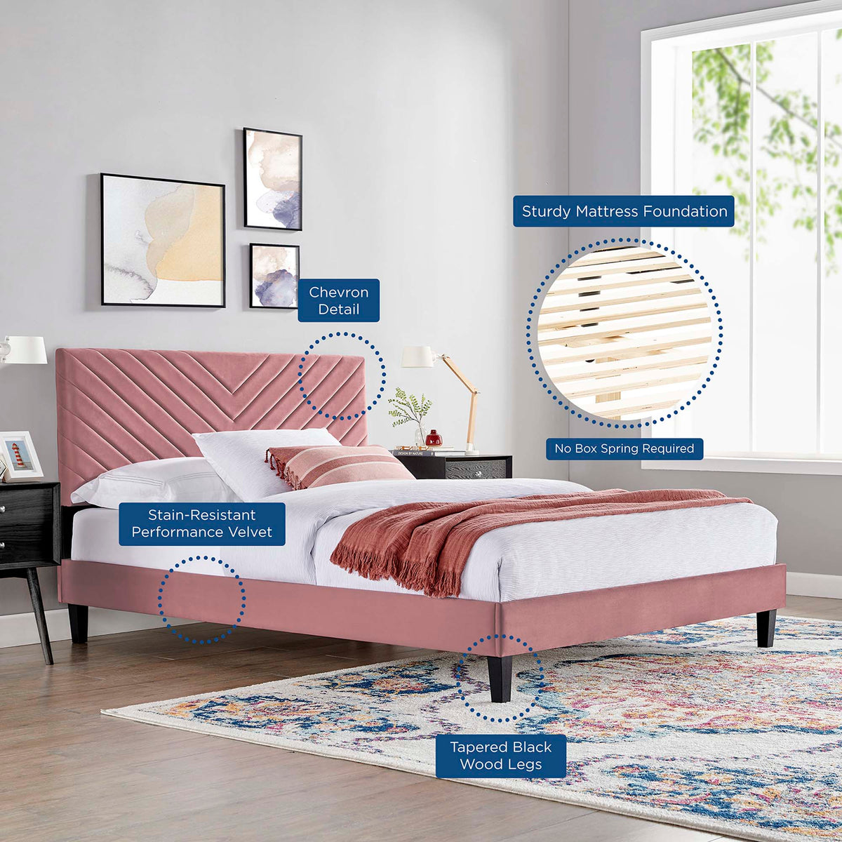 Roxanne Dusty Rose Tapered Wood Leg Performance Velvet Queen Platform Bed - Ornate Home