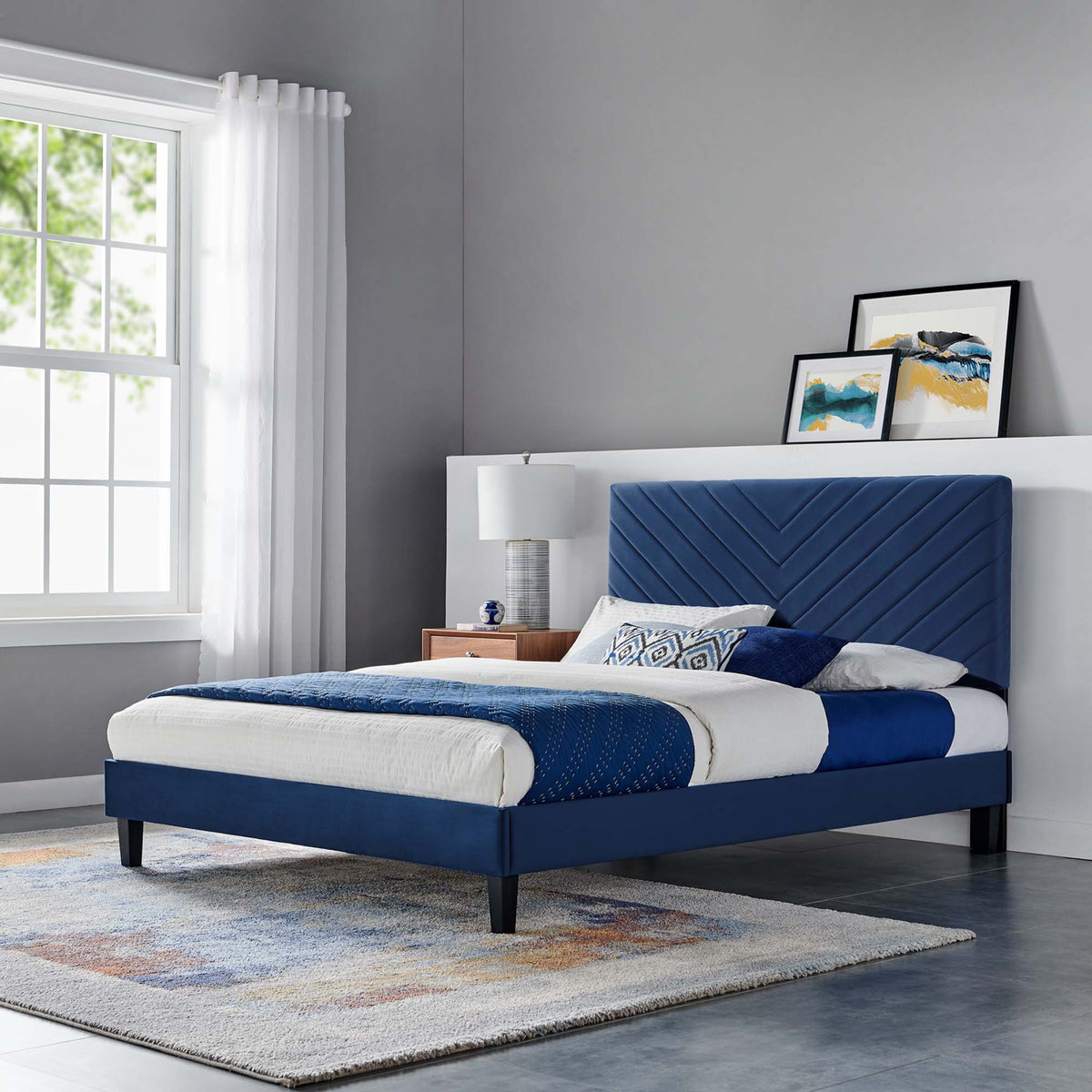 Roxanne Navy Performance Velvet Full Platform Bed - Ornate Home