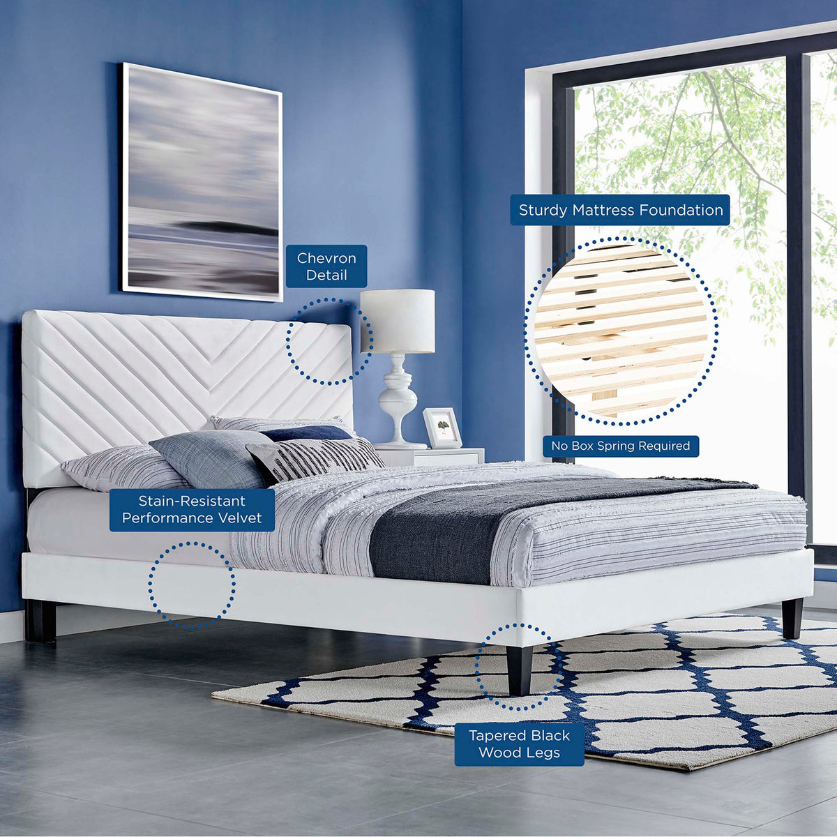 Roxanne White Performance Velvet Full Platform Bed - Ornate Home