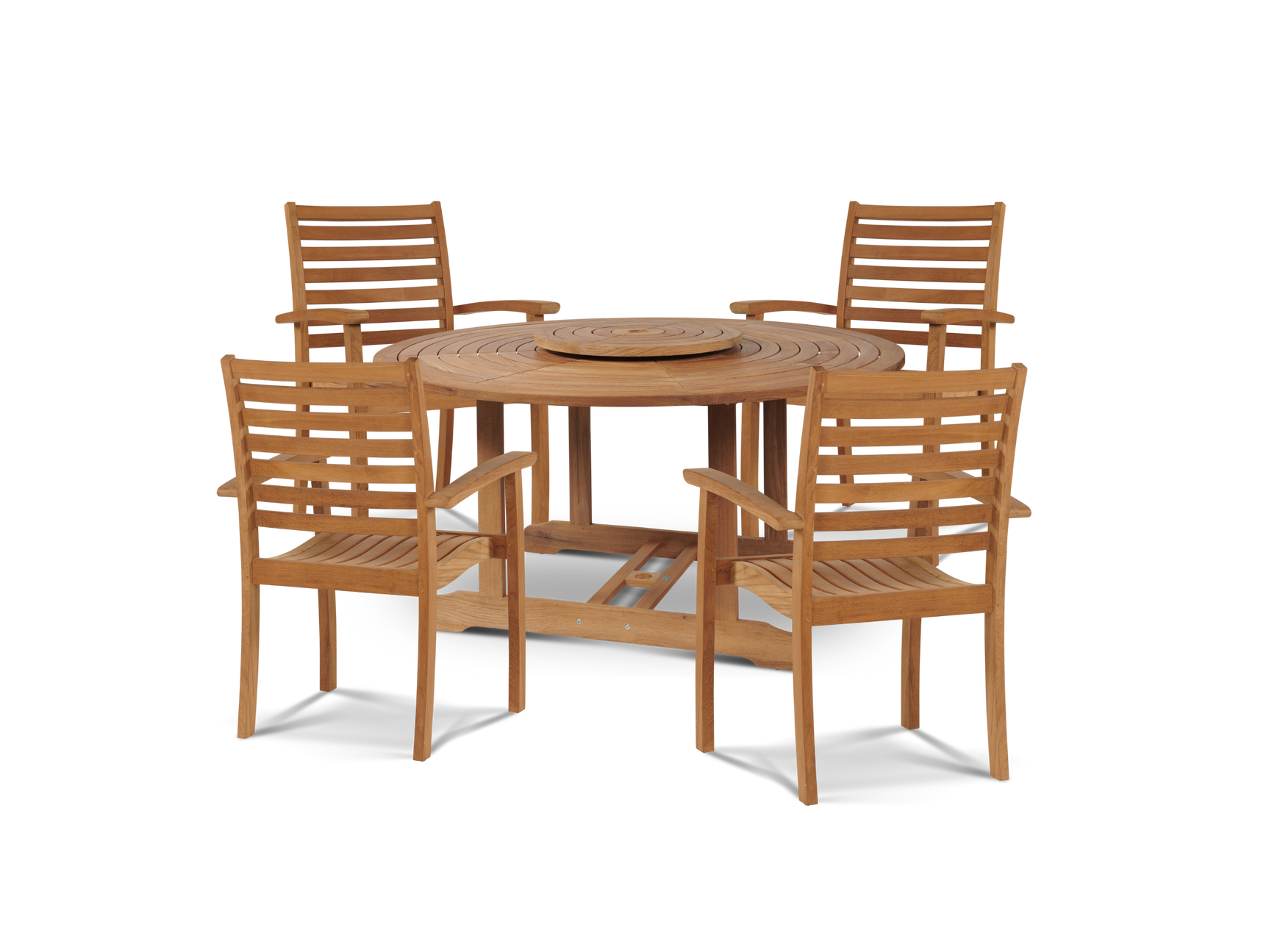 Royal 5-Piece Round Teak Wood Outdoor Dining Set with Lazy Susan and Stacking Armchairs - Ornate Home