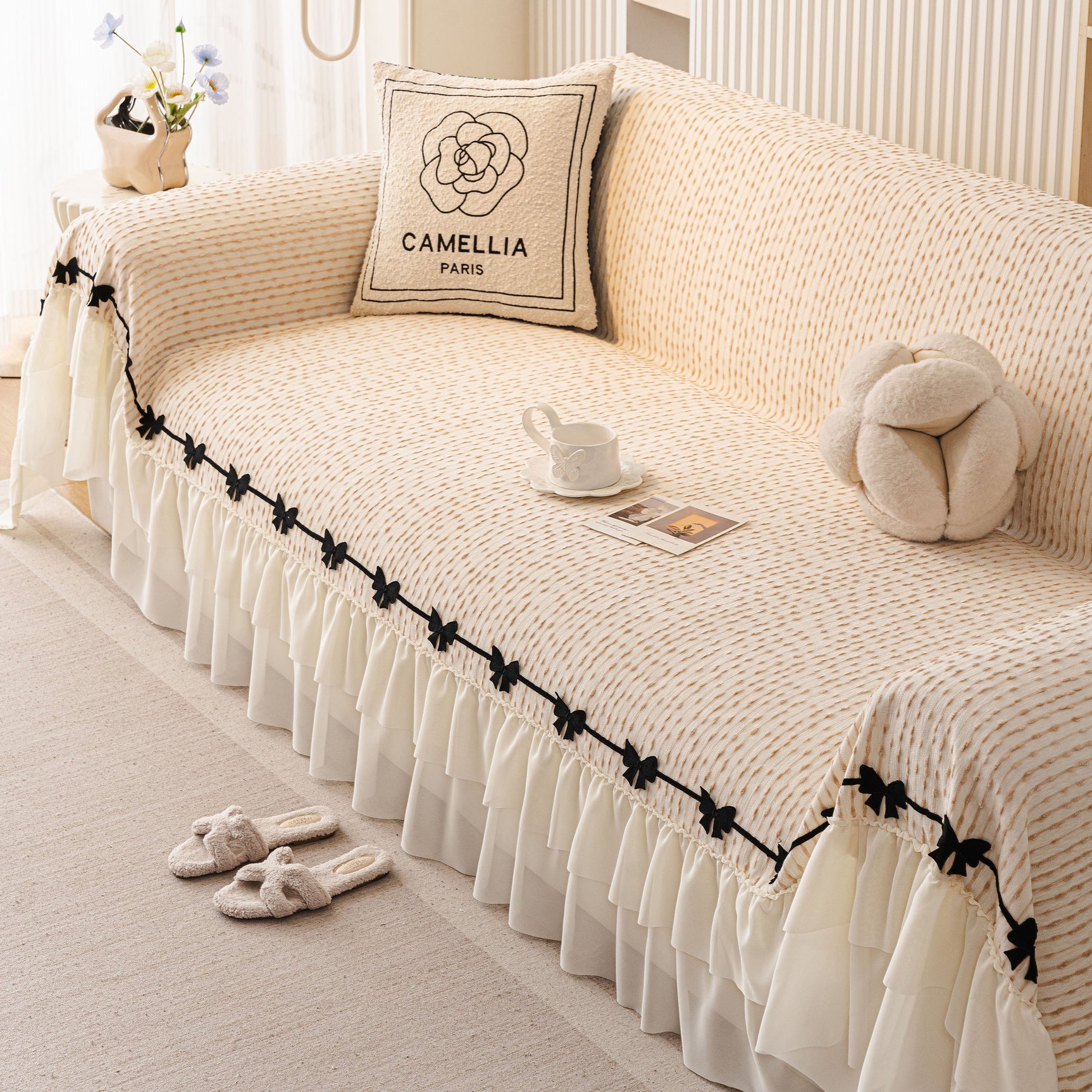 Ruffled Sofa Cover with Bowknot Decor, French Country Style Skirted Couch Slipcover - Ornate Home