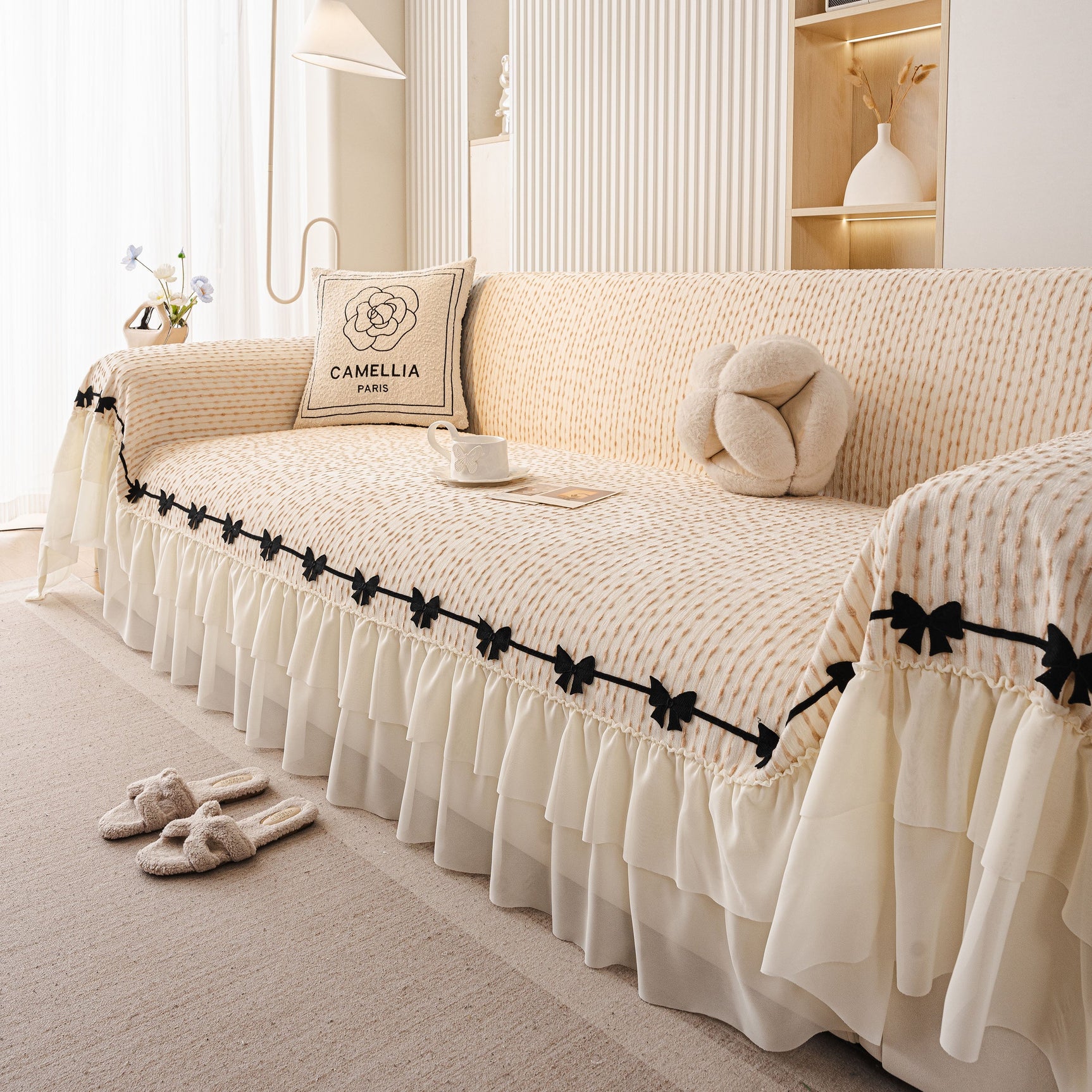 Ruffled Sofa Cover with Bowknot Decor, French Country Style Skirted Couch Slipcover - Ornate Home