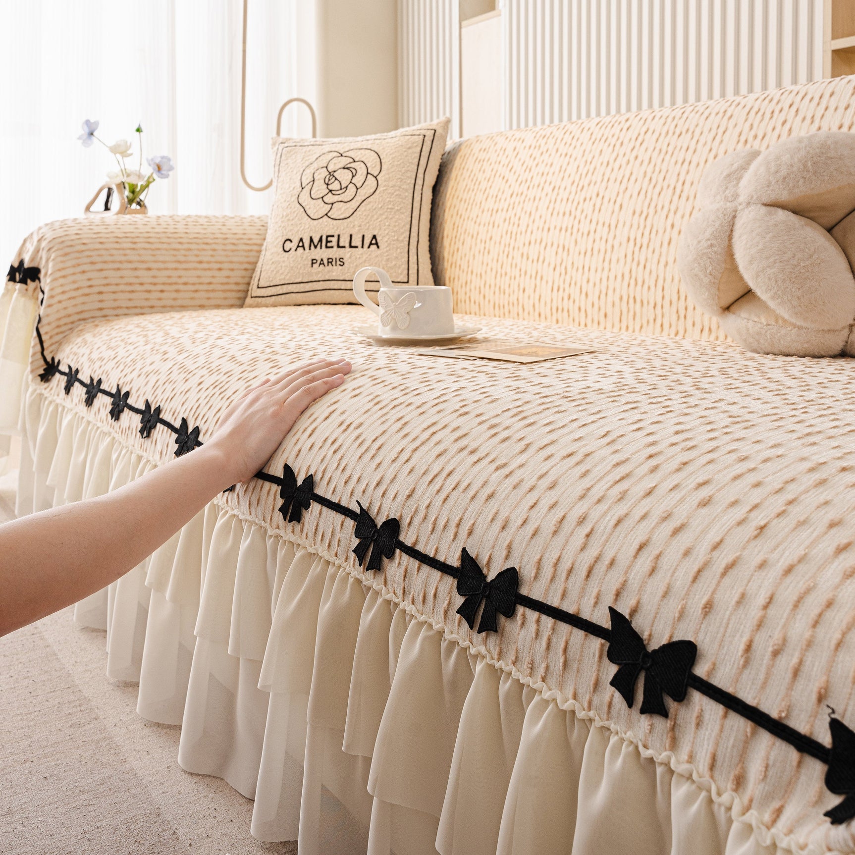 Ruffled Sofa Cover with Bowknot Decor, French Country Style Skirted Couch Slipcover - Ornate Home