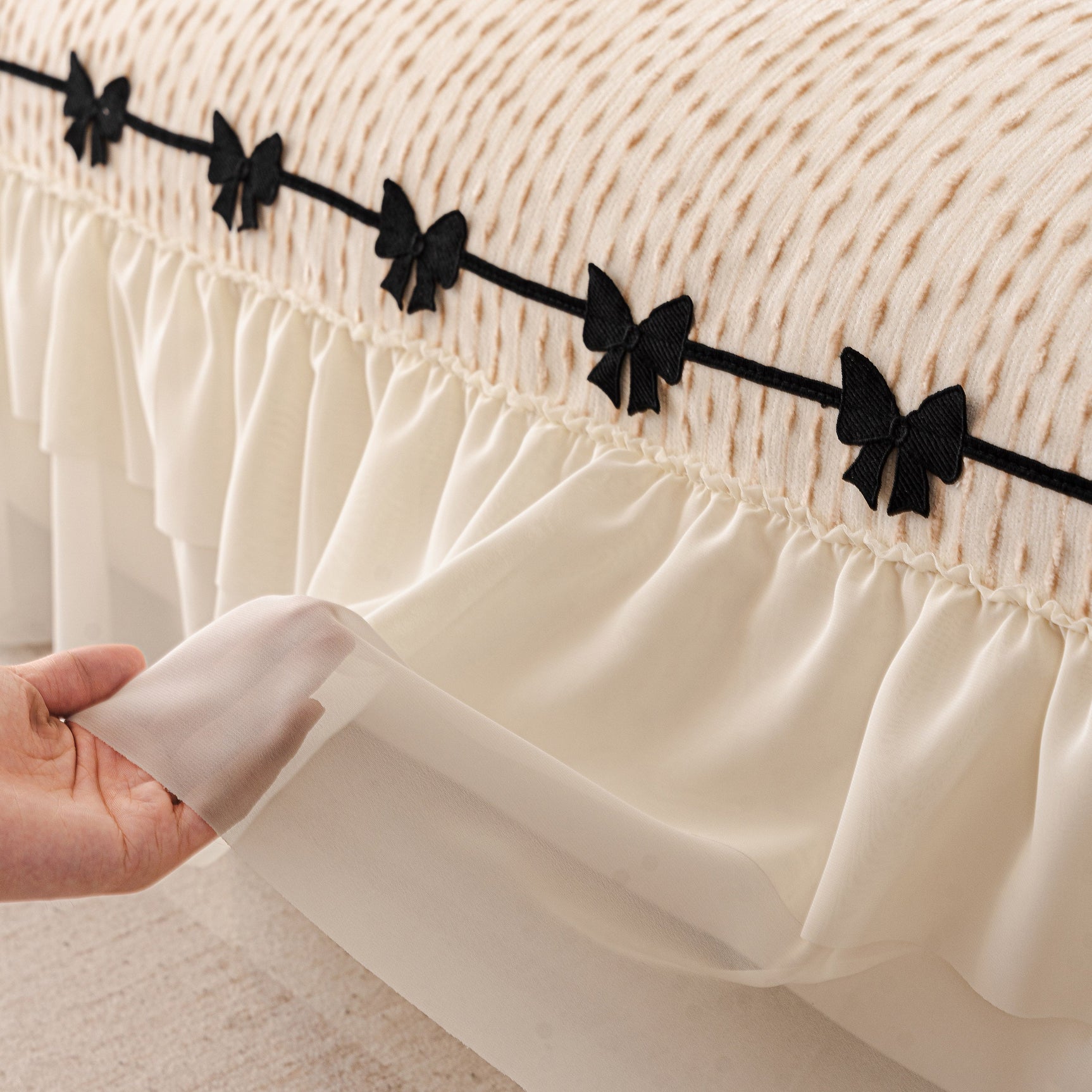 Ruffled Sofa Cover with Bowknot Decor, French Country Style Skirted Couch Slipcover - Ornate Home