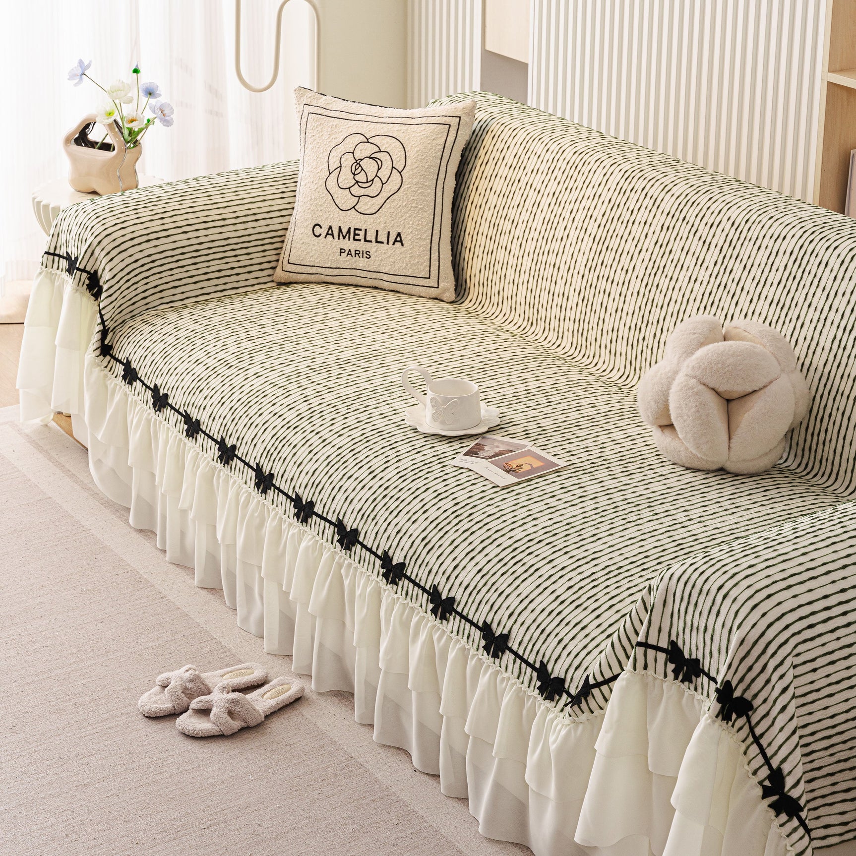 Ruffled Sofa Cover with Bowknot Decor, French Country Style Skirted Couch Slipcover - Ornate Home
