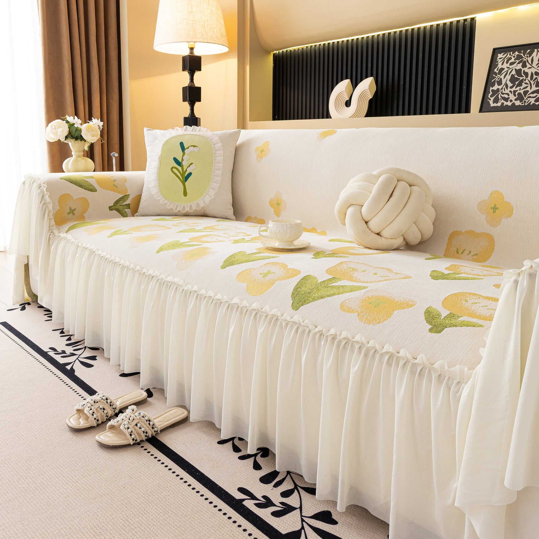 Ruffled Sweet Floral Sofa Cover with Skirt, Soft and Decorative Couch Throw Cover - Ornate Home