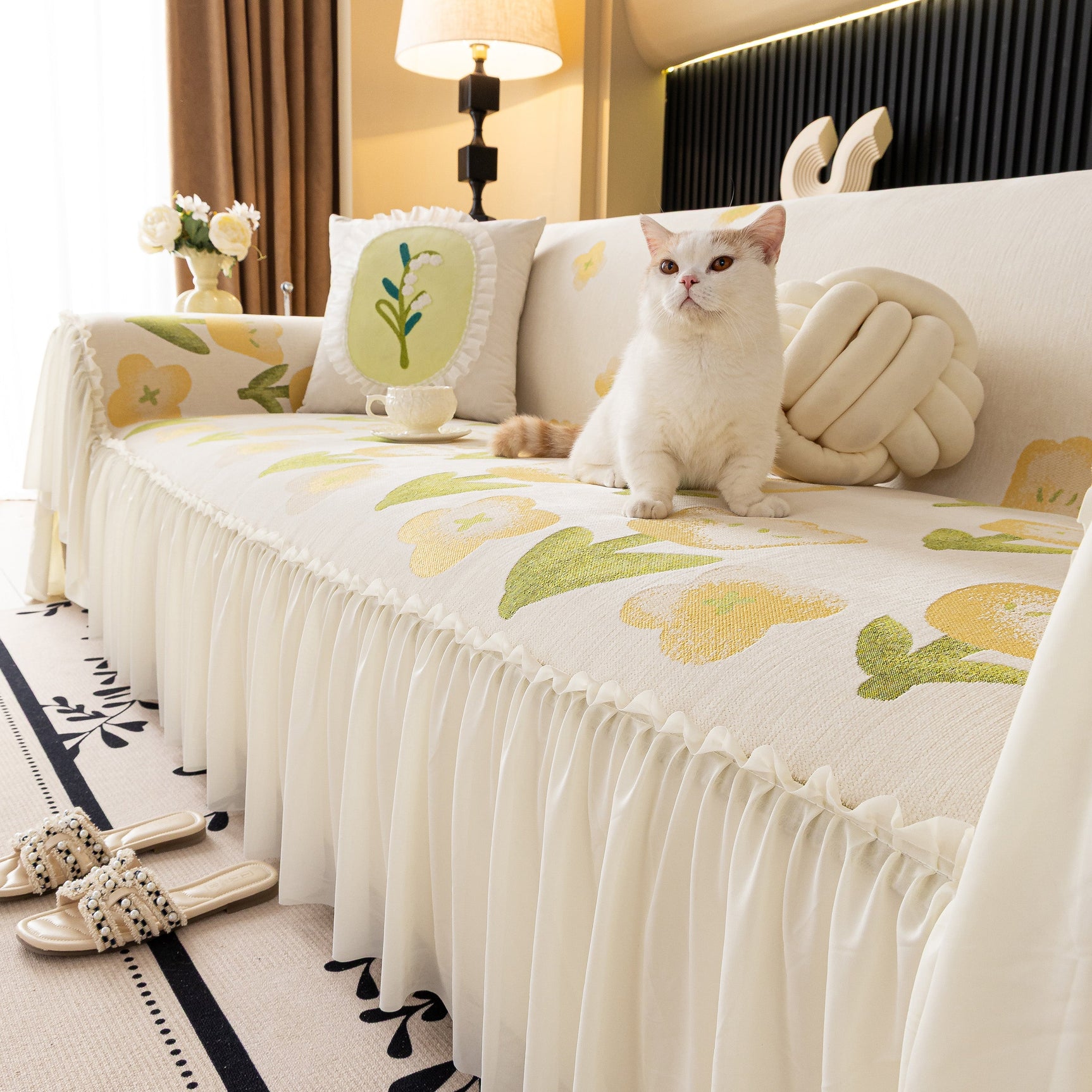 Ruffled Sweet Floral Sofa Cover with Skirt, Soft and Decorative Couch Throw Cover - Ornate Home