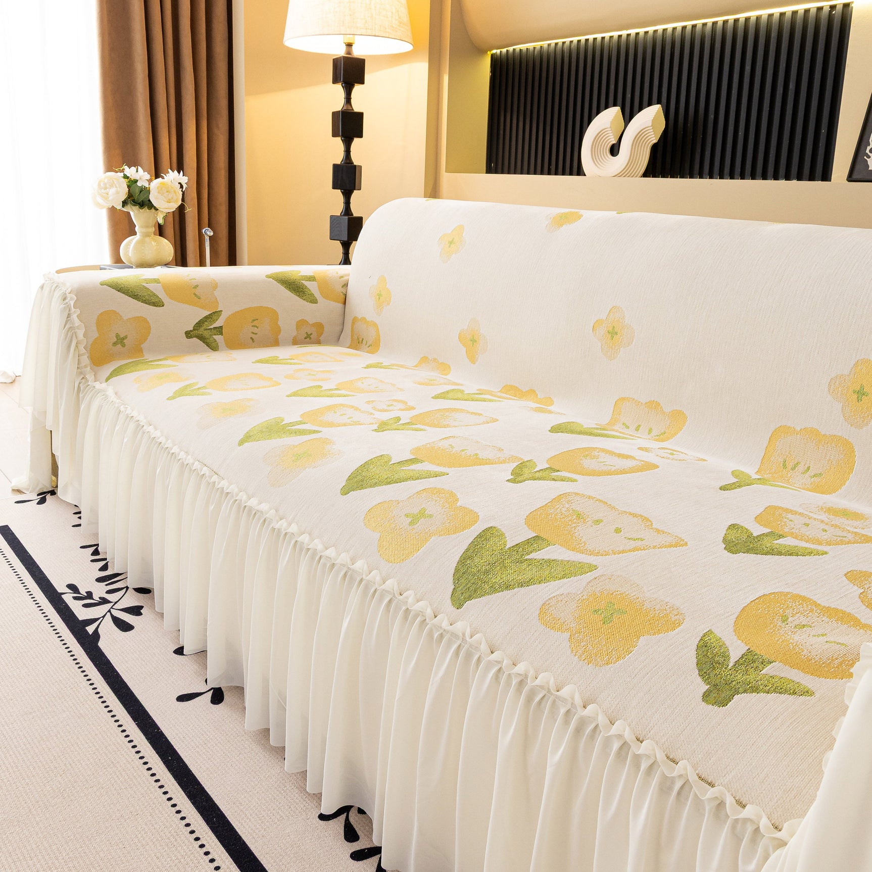 Ruffled Sweet Floral Sofa Cover with Skirt, Soft and Decorative Couch Throw Cover - Ornate Home